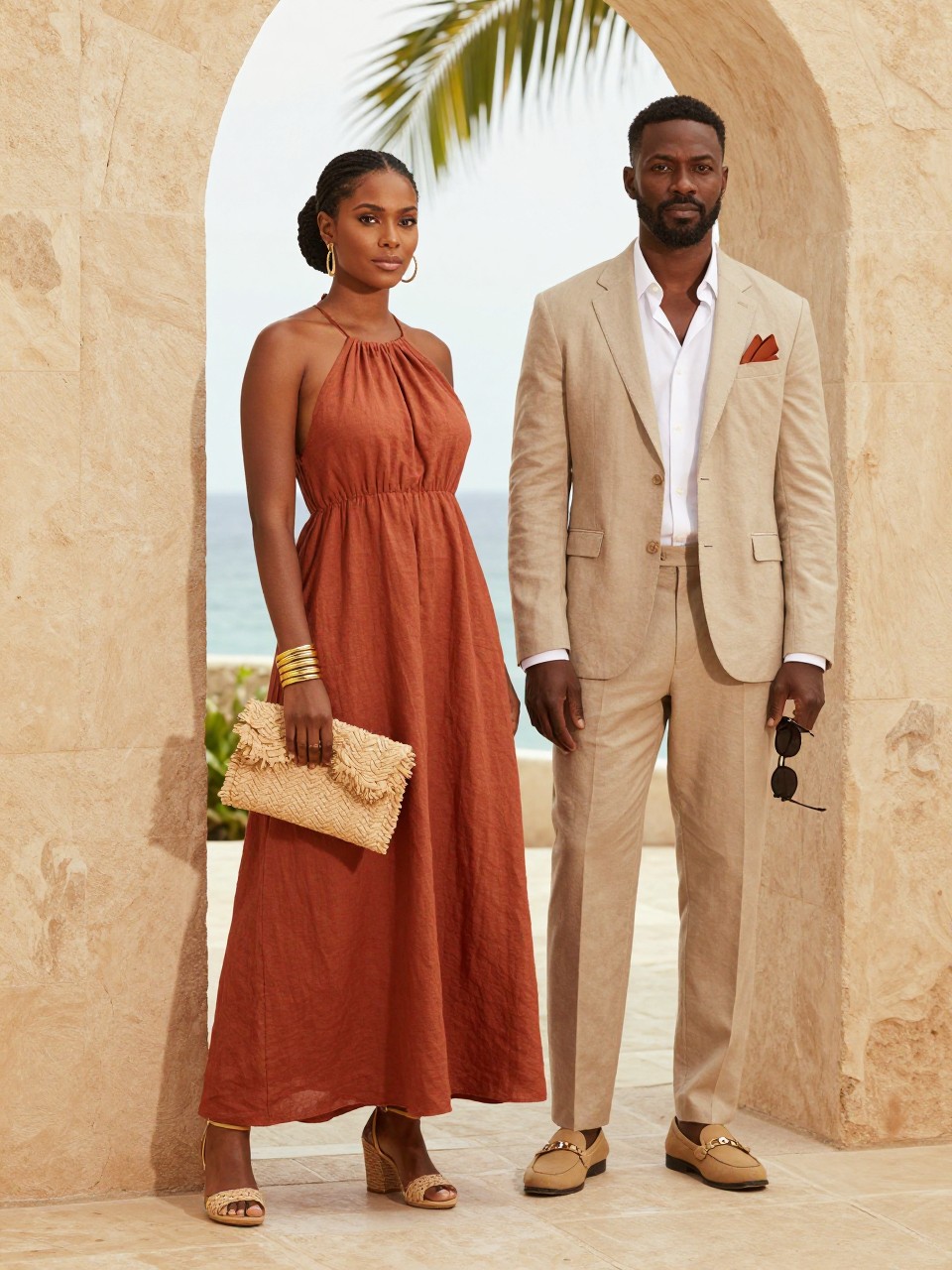 Outfit Image Prompt:
A Black couple dressed for a destination wedding at a warm coastal resort, woman wearing a terracotta linen-blend maxi dress with a halter neckline, gold bangles, braided updo, woven heeled sandals, and a raffia clutch, man wearing a sand-colored lightweight suit with an open-collar white shirt, terracotta pocket square, tan loafers, and sunglasses in hand, standing near stone arches, palm leaves, and soft ocean light, matching destination wedding guest outfits, relaxed but polished style, full-body editorial fashion image, warm coastal setting, realistic linen texture, no watermarks on images