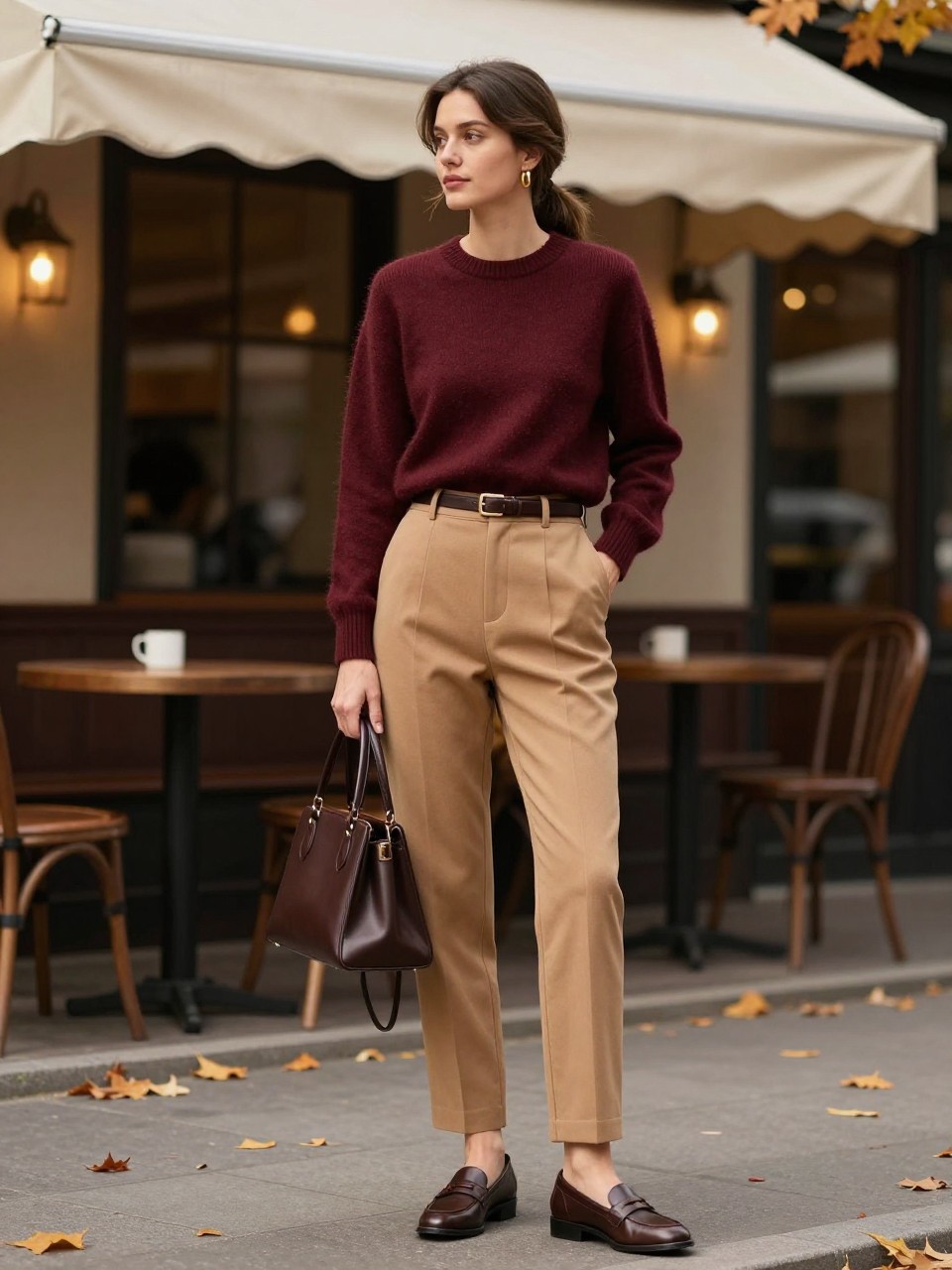 Image Prompt:
A refined fall old money outfit featuring a woman wearing a burgundy cashmere crewneck sweater tucked into camel high-waisted tailored trousers, brown leather loafers, a slim brown belt, a structured dark brown handbag, gold hoop earrings, and a neat low ponytail. She is standing outside a warm café with cream awnings, autumn leaves, and soft afternoon light. Realistic DSLR editorial street style photo, rich fall color palette, polished casual styling, no text, no watermark.