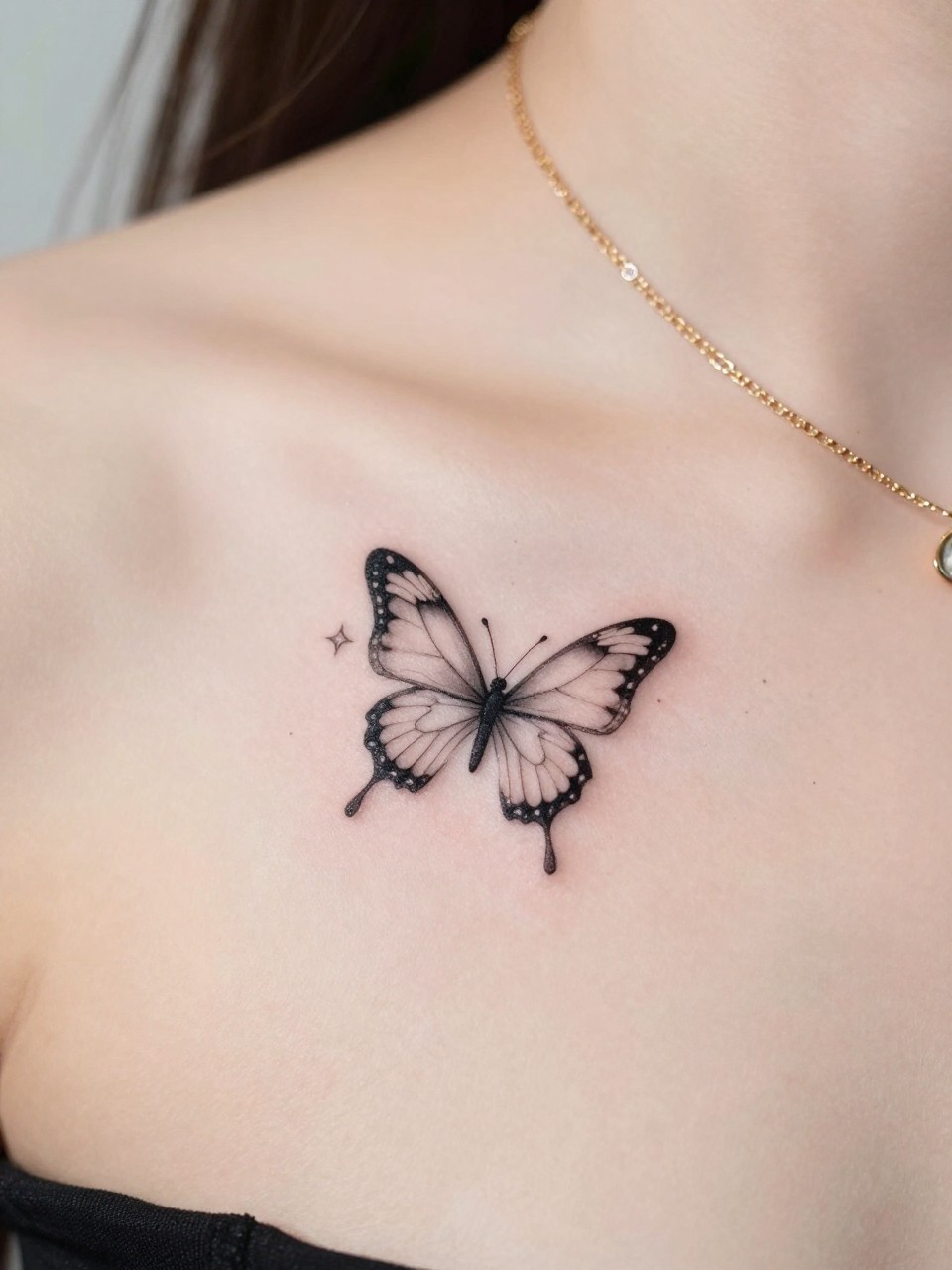 Image Prompt: "Close-up of a small butterfly flash tattoo on the collarbone, fine black outline, soft wing shading, tiny sparkle accents around the butterfly, dainty feminine style, simple gold necklace nearby, clean skin texture, minimal background, realistic modern tattoo inspiration photo"