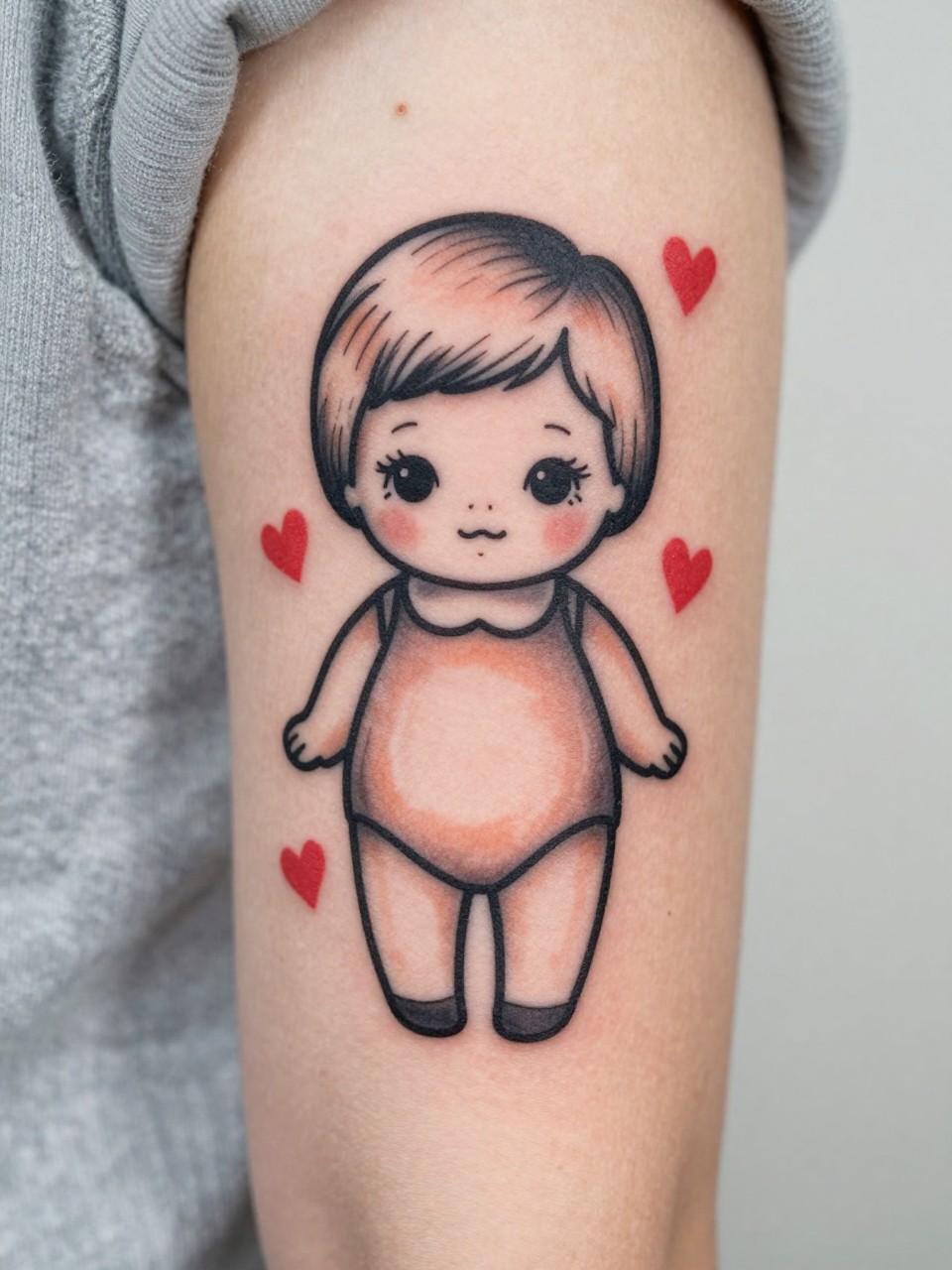 Image Prompt: "Macro shot of a cute American traditional Kewpie doll tattoo on the back of the arm, bold black linework, soft peach shading, tiny red hearts around the doll, playful vintage tattoo style, clean skin texture, soft knit sweater sleeve nearby, minimal background, design-focused close-up, realistic modern tattoo inspiration photo"