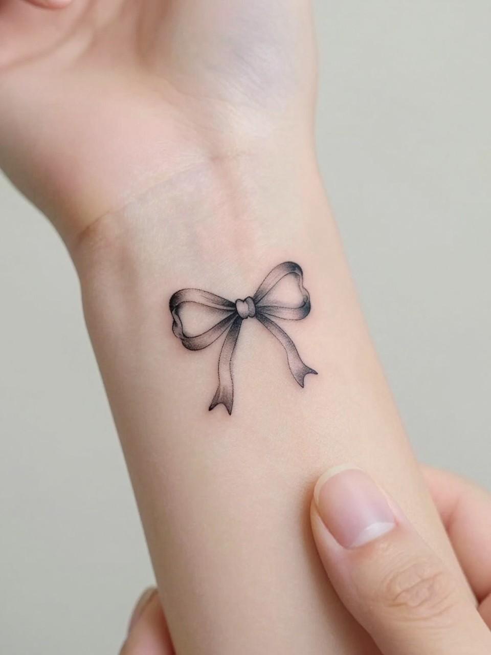 Image Prompt: "Extreme close-up of a cute tiny bow flash tattoo on the inner wrist, fine black linework, delicate soft shading, small feminine design, clean realistic skin texture, neutral manicure nearby, soft feminine lighting, minimal background, design-focused close-up tattoo inspiration photo"
