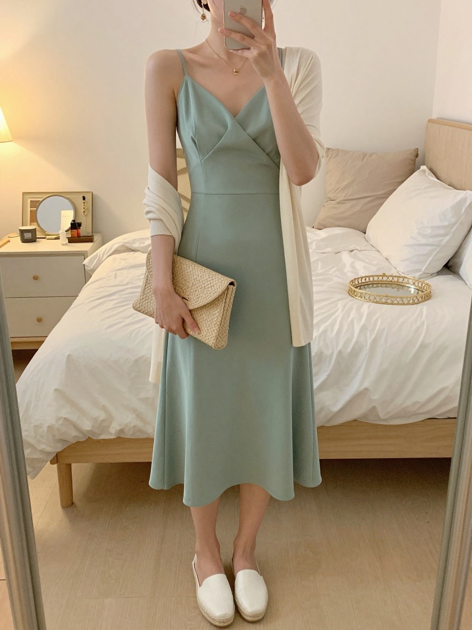 mirror selfie of a woman wearing a sage green wrap midi dress, white espadrille flats, a beige woven clutch, delicate gold drop earrings, and a slim cream cardigan draped over one arm, clearly showing the same clothing items, colors, fabrics, and accessories listed in the Outfit Pieces section, holding a phone in front of a mirror, cropped at NECK so the face does not show, with a relaxed casual selfie pose, in a feminine-themed bedroom, evening golden hour, including soft pillows on an unmade bed and a jewelry tray on the vanity, latest iPhone photo quality.