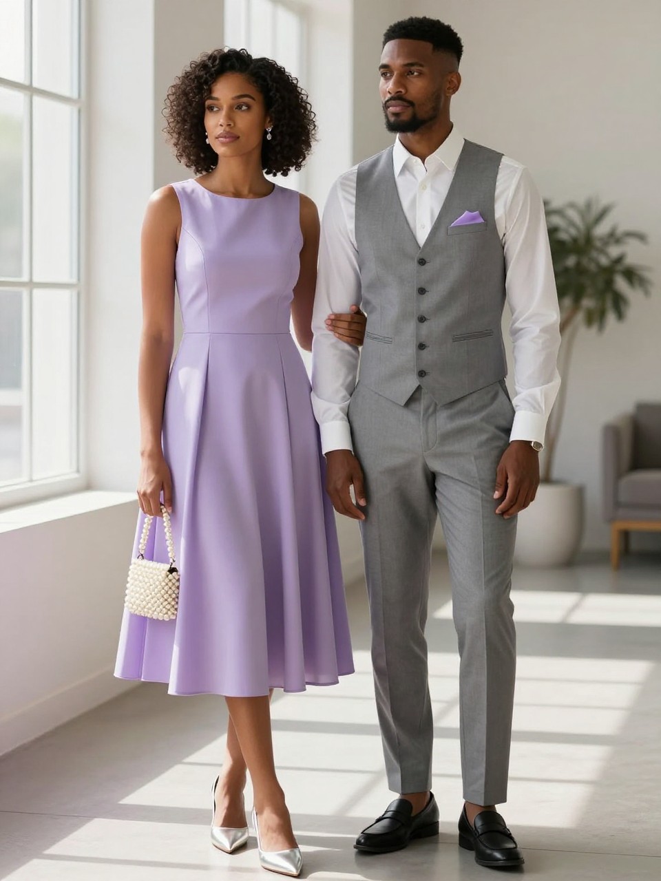 Outfit Image Prompt:
A fashionable couple posing near a clean indoor event space with soft window light, realistic editorial camera style, natural skin texture, soft daylight, realistic shadows, gentle background blur. The woman, a Black model, wears a lavender midi dress with a fitted bodice and softly flared skirt, silver kitten heels, a pearl mini bag, small crystal earrings, and natural curls styled neatly away from the face. The man wears gray tailored trousers, a matching gray vest, a crisp white shirt with sleeves neatly buttoned, black loafers, and a lavender pocket square. Their outfits coordinate through lavender and gray tones, looking stylish but not costume-like. Include real fabric folds, natural standing pose, no over-sharpening, no plastic skin, no waxy faces, no AI-perfect symmetry, no fake-perfect hands, no watermarks on images.