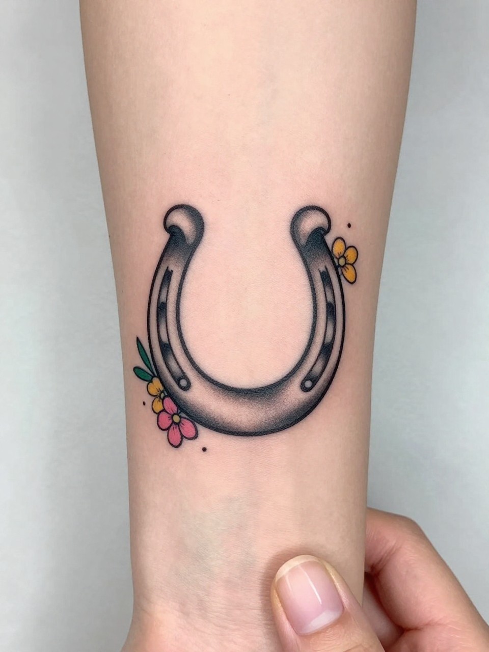 Image Prompt: "Macro shot of an American traditional horseshoe tattoo on the outer forearm, bold black outline, soft silver shading, tiny pink and yellow flowers around it, small dotwork accents, feminine lucky charm style, neutral manicure near the wrist, clean soft background, close-up realistic tattoo inspiration photo"
