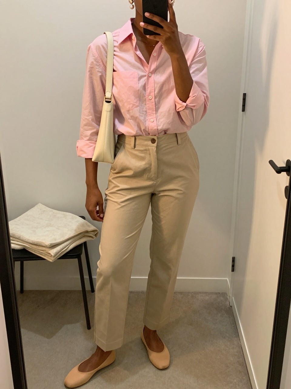 mirror selfie of a black woman wearing a soft pink cotton button-down shirt tucked into ecru straight-leg trousers, beige ballet flats, a cream leather shoulder bag, and pearl drop earrings, clearly showing the same clothing items, colors, fabrics, and accessories listed in the Outfit Pieces section, holding a phone in front of a mirror, cropped at NECK so the face does not show, with a relaxed casual selfie pose, in a minimal dressing room, evening golden hour, including a folded blanket on a chair and a handbag hanging on a door handle, latest iPhone photo quality.