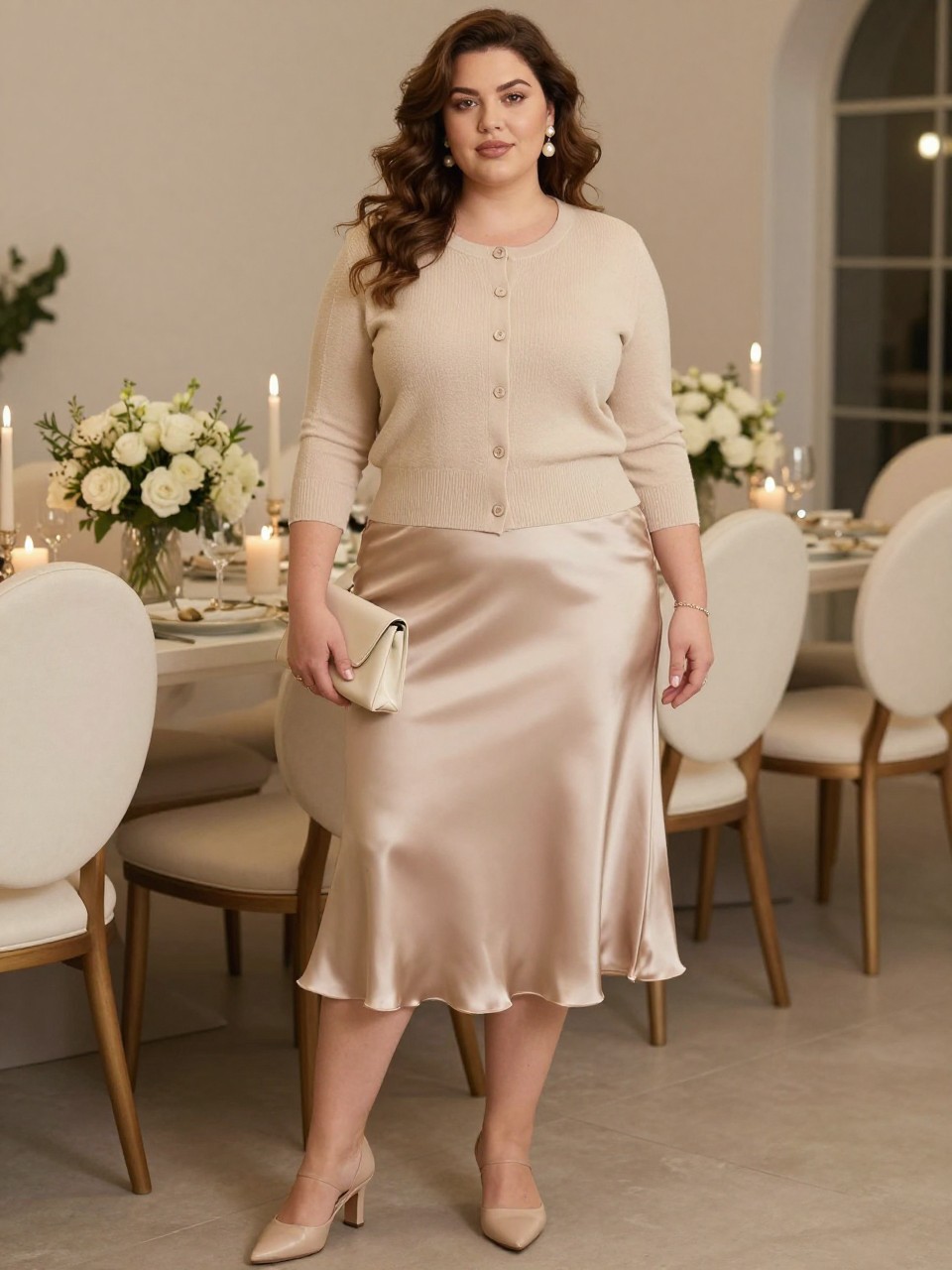 Image Prompt:
A soft old money plus size outfit showing a plus size woman wearing a beige button-front cardigan as a top with a champagne satin midi skirt, nude heeled mules, a small cream clutch, pearl drop earrings, a delicate bracelet, and soft curled hair. She is standing inside a warm dinner party setting with white flowers, candlelight, cream chairs, and elegant table details. Realistic DSLR editorial fashion photo, full-body outfit, soft feminine quiet luxury styling, no text, no watermark.
