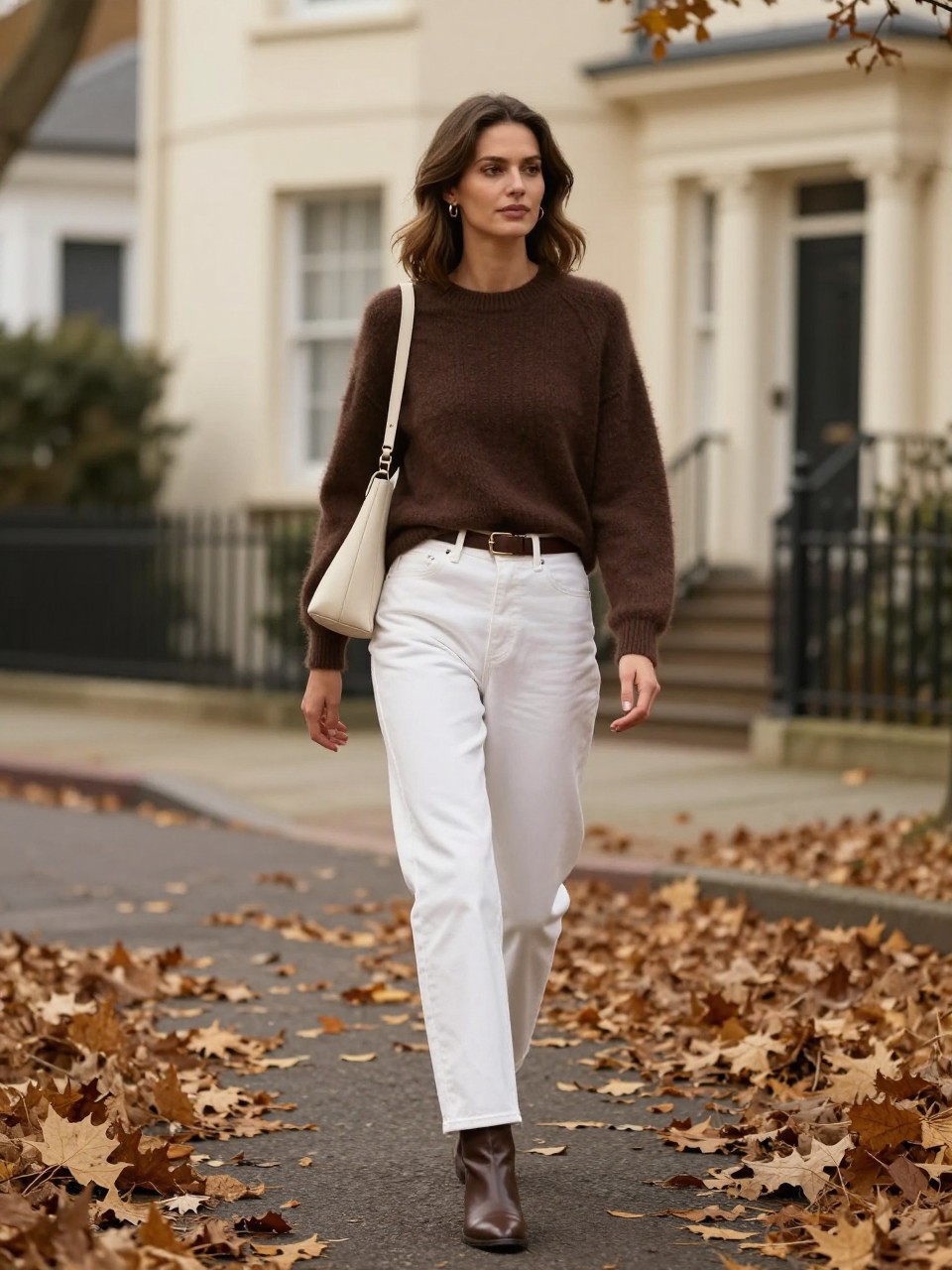 Image Prompt:
A chic fall old money outfit featuring a woman wearing a chocolate brown cashmere crewneck sweater tucked lightly into straight-leg white denim jeans, brown leather ankle boots, a slim brown belt, a cream shoulder bag, small gold earrings, and soft loose waves. She is walking through a leafy residential street with warm brown leaves, cream townhouses, and soft afternoon light. Realistic editorial fashion photo, cozy autumn outfit styling, refined quiet luxury feel, no text, no watermark.