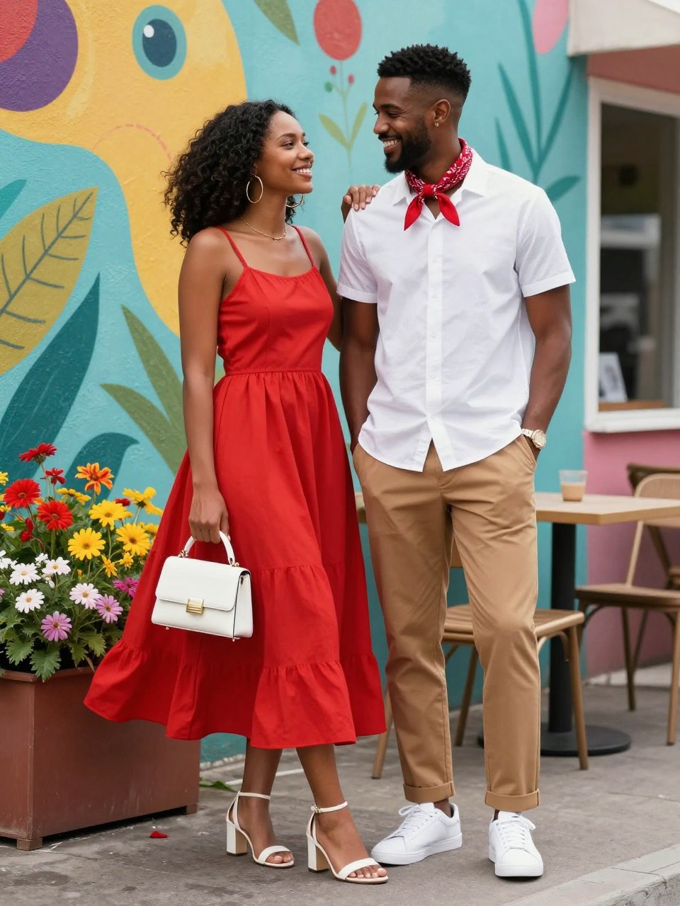 Outfit Image Prompt:
A happy Black couple dressed for a bright summer date by a colorful street mural, woman wearing a red sundress with a fitted waist and flowy skirt, white block-heel sandals, gold hoops, and a mini white handbag, man wearing a white short-sleeve button-down shirt, tan trousers, white sneakers, and a red bandana tied neatly at the neck, standing near colorful summer flowers and café chairs, coordinated red and white couple outfits, playful summer street style, full-body editorial fashion photo, bold but tasteful styling, realistic fabric movement, no watermarks on images