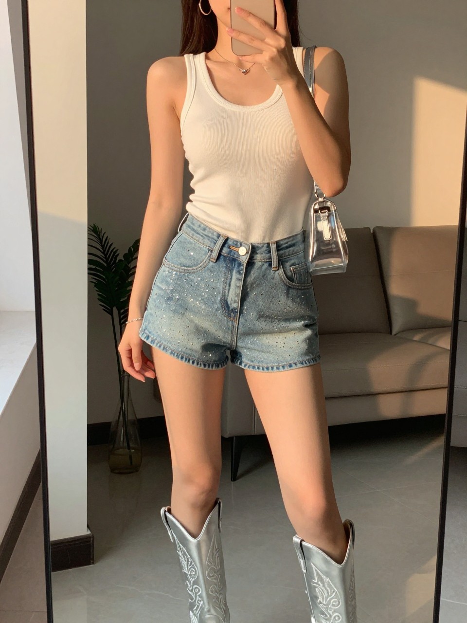 IMAGE_PROMPT: mirror selfie of a woman wearing a white ribbed tank bodysuit, light wash rhinestone denim shorts, silver cowboy boots, clear mini crossbody bag, and silver hoop earrings, clearly showing the same clothing items listed in the Outfit Pieces section, holding a phone in front of a mirror, cropped at the NECK so the face does not show, relaxed casual selfie pose, in a modern living room mirror setup, evening golden hour, with small plant beside the floor mirror, latest iPhone photo quality.