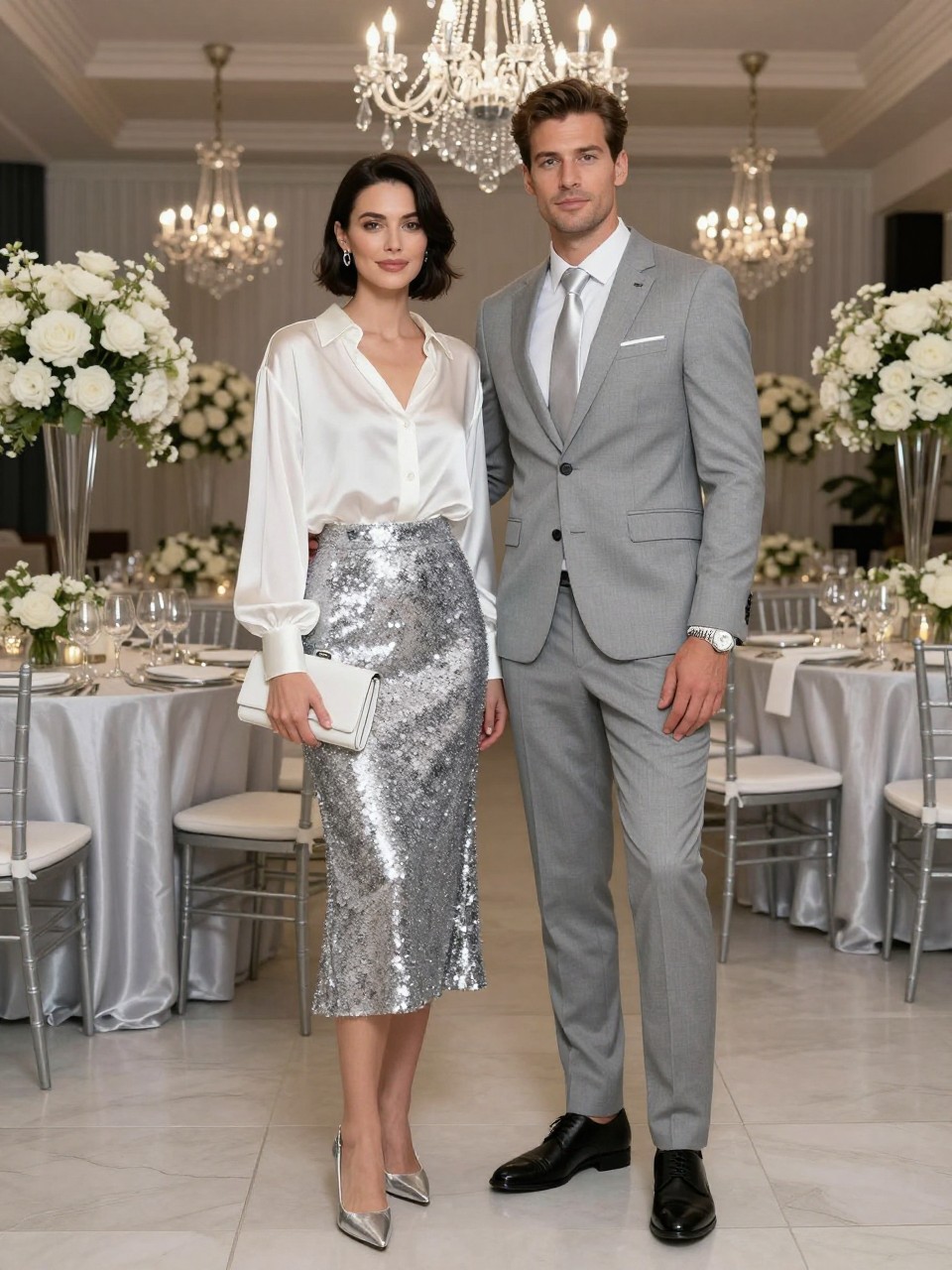 Outfit Image Prompt:
A fashionable couple dressed for a stylish cocktail wedding reception, woman wearing a silver sequin midi skirt with a soft white silk blouse, silver heels, sleek bob hairstyle, and a white clutch, man wearing a medium gray suit with a white shirt, silver tie, black dress shoes, and a clean silver watch, standing inside a modern reception space with glass chandeliers, white florals, and cocktail tables, coordinated silver and gray couple wedding guest outfits, festive but tasteful, full-body editorial fashion photo, realistic sparkle detail, no bridal styling, no watermarks on images