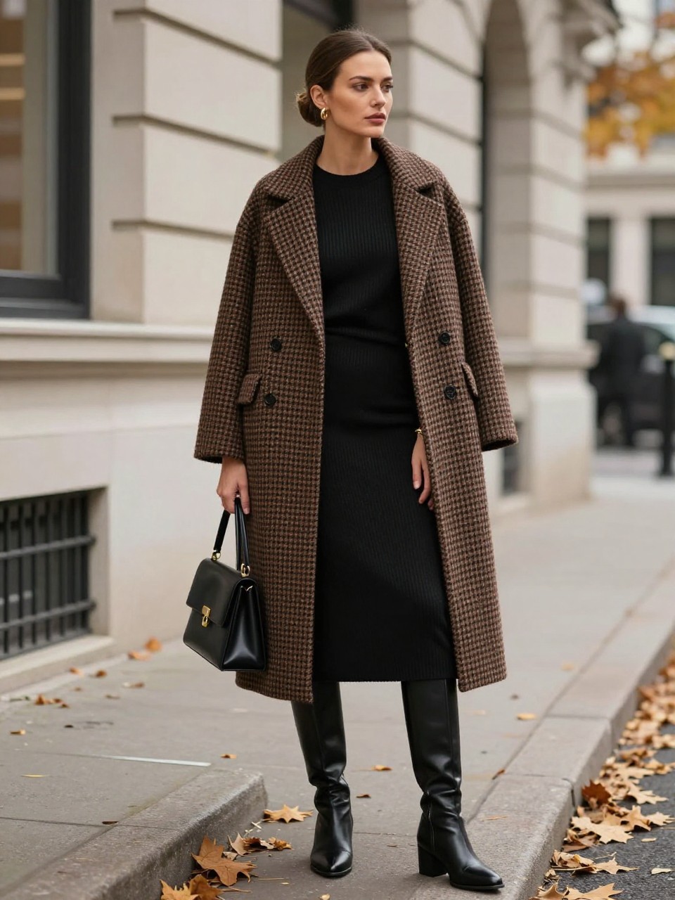 Image Prompt:
A stylish fall old money outfit featuring a woman wearing a long brown and black houndstooth wool coat over a black fitted knit midi dress, black leather knee-high boots, a structured black handbag, gold earrings, a slim gold watch, and sleek hair tucked behind the ears. She is standing near a classic city building with fallen leaves, soft overcast light, and an elegant autumn street style mood. Realistic DSLR editorial fashion photography, full-body outfit, rich coat pattern, no text, no watermark.