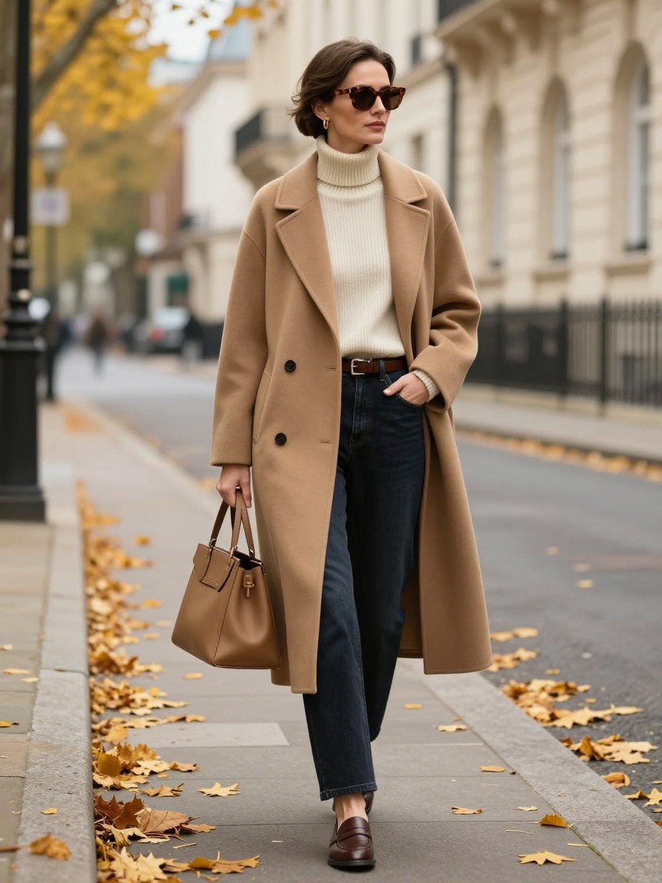 Image Prompt:
A classy fall old money outfit featuring a stylish woman wearing a long camel wool coat over a cream cashmere turtleneck, dark straight-leg jeans, brown leather loafers, a slim brown belt, a structured tan handbag, small gold hoop earrings, and tortoiseshell sunglasses. She is walking along a quiet city street with golden fall leaves, cream stone buildings, soft cloudy daylight, and a polished quiet luxury mood. Full-body realistic DSLR editorial fashion photo, rich wool and knit textures, refined autumn styling, no text, no watermark.