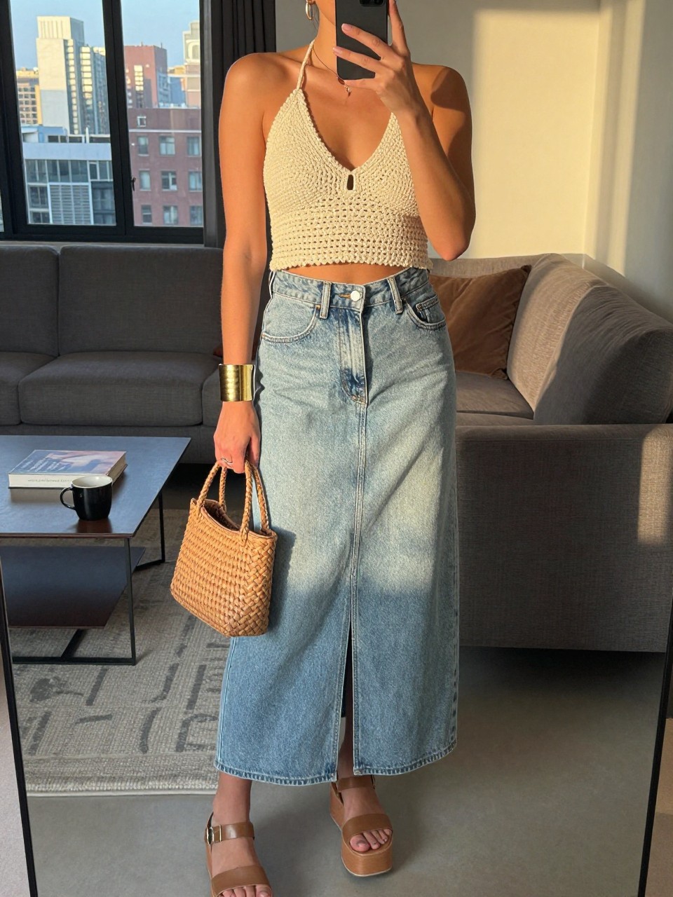 IMAGE_PROMPT: mirror selfie of a woman wearing a cream crochet halter top, light wash denim maxi skirt with back slit, tan platform sandals, woven mini handbag, and gold cuff bracelet, clearly showing the same clothing items listed in the Outfit Pieces section, holding a phone in front of a mirror, cropped at the NECK so the face does not show, relaxed casual selfie pose, in a stylish city apartment living room, evening golden hour, with coffee table with a book and mug, latest iPhone photo quality.