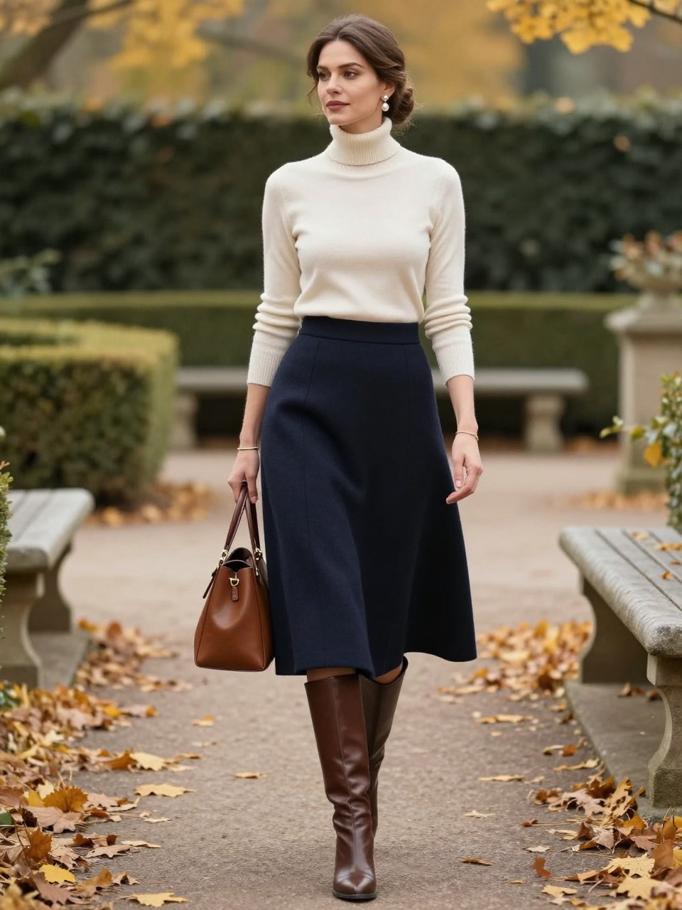 Image Prompt:
A graceful fall old money outfit featuring a woman wearing an ivory fitted turtleneck tucked into a navy wool A-line midi skirt, brown knee-high leather boots, a structured brown leather handbag, pearl earrings, a slim gold bracelet, and a low bun. She is walking through a quiet garden path with golden leaves, trimmed hedges, stone benches, and soft autumn light. Realistic editorial fashion photo, feminine classic fall outfit, no text, no watermark.