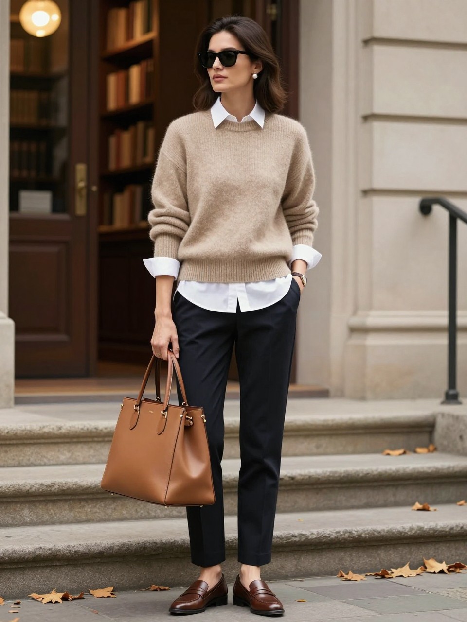Image Prompt:
A polished fall old money outfit showing a woman wearing a beige cashmere crewneck sweater layered over a crisp white button-down shirt with the collar and cuffs showing, paired with dark tailored trousers, brown leather loafers, a structured tan tote, pearl stud earrings, a slim watch, and black sunglasses. She is standing outside a classic library with stone steps, warm interior lights, and fallen leaves. Realistic DSLR editorial fashion photo, smart preppy autumn styling, no text, no watermark.