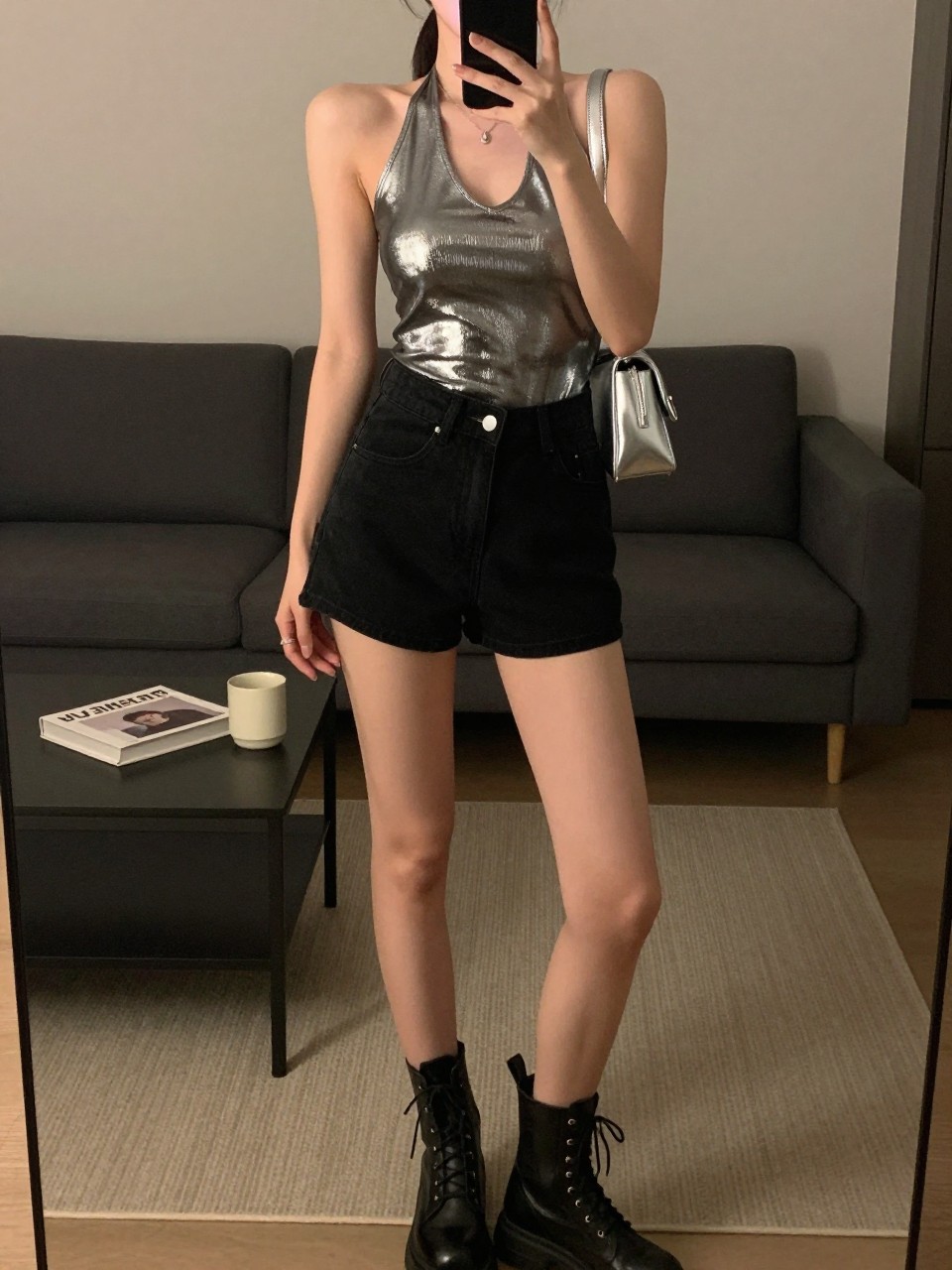 IMAGE_PROMPT: mirror selfie of a woman wearing a silver metallic halter top, black high-waisted denim shorts, black lace-up ankle boots, silver mini crossbody bag, and sleek high ponytail, clearly showing the same clothing items listed in the Outfit Pieces section, holding a phone in front of a mirror, cropped at the NECK so the face does not show, relaxed casual selfie pose, in a stylish city apartment living room, warm moody lighting, with coffee table with a book and mug, latest iPhone photo quality.