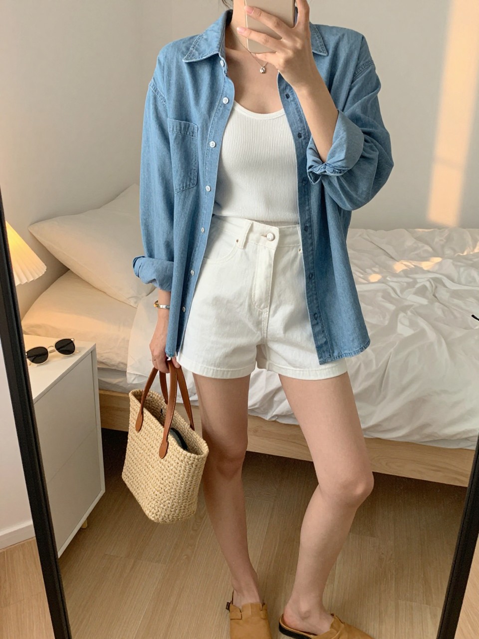 IMAGE_PROMPT: mirror selfie of a woman wearing a light blue soft denim chambray shirt, white ribbed scoop-neck tank, white high-rise denim shorts, tan leather mules, and woven bucket bag, holding a phone in front of a mirror, cropped at the NECK so the face does not show, relaxed casual selfie pose, in a feminine-themed bedroom, evening golden hour, with soft pillows on an unmade bed and sunglasses on a dresser. Latest iPhone photo quality.