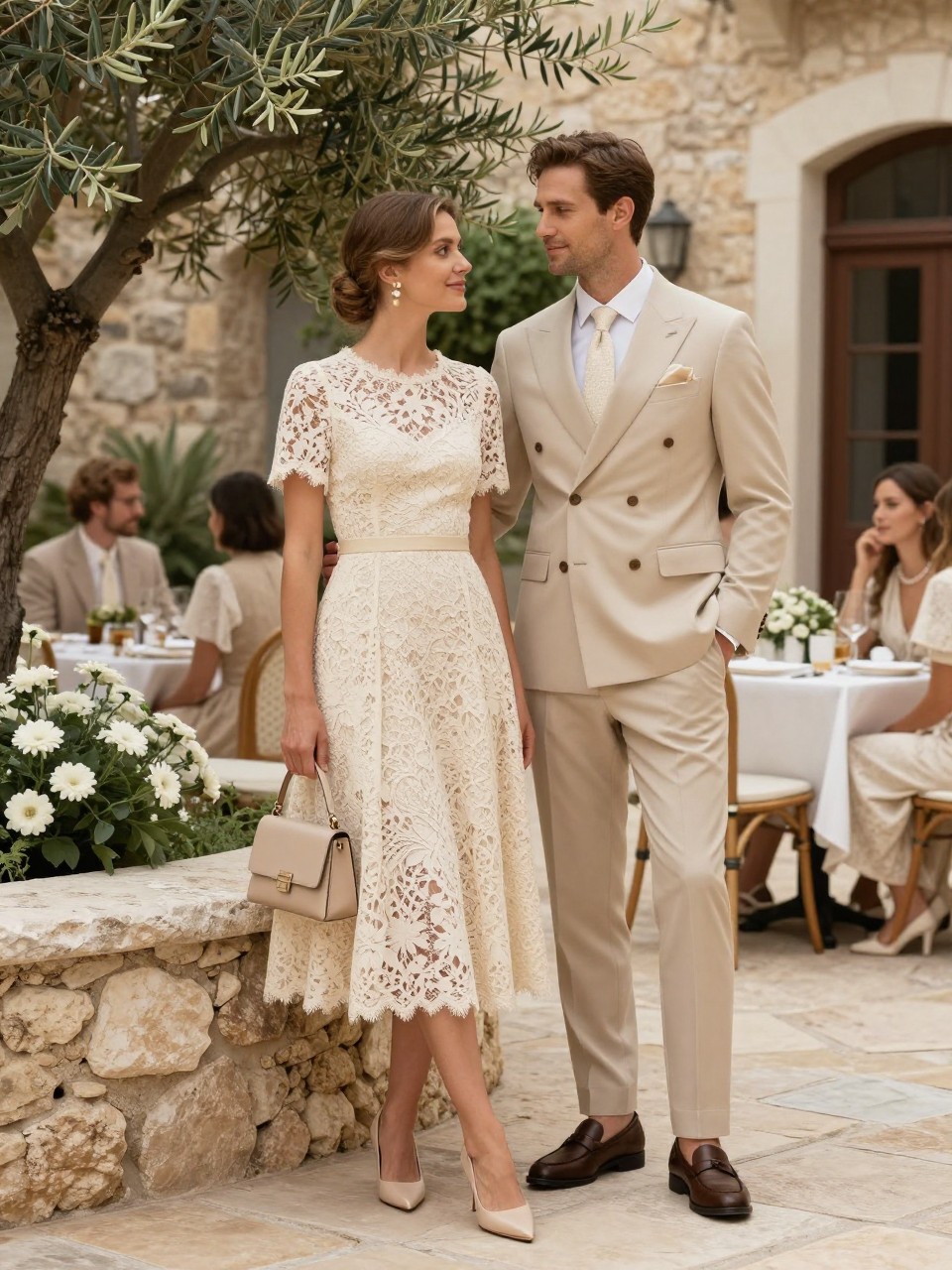 Outfit Image Prompt:
A stylish couple attending a chic outdoor wedding at a European-style courtyard, woman wearing a cream lace midi dress with short sleeves, nude pointed heels, pearl earrings, soft low bun, and a beige mini bag, man wearing a beige double-breasted suit with a white shirt, cream tie, brown loafers, and a pocket square, standing near stone walls, olive trees, white flowers, and elegant café-style wedding tables, matching cream and beige wedding guest outfits, refined old money-inspired couple style, full-body editorial fashion photo, soft natural light, dress clearly not bridal, no watermarks on images