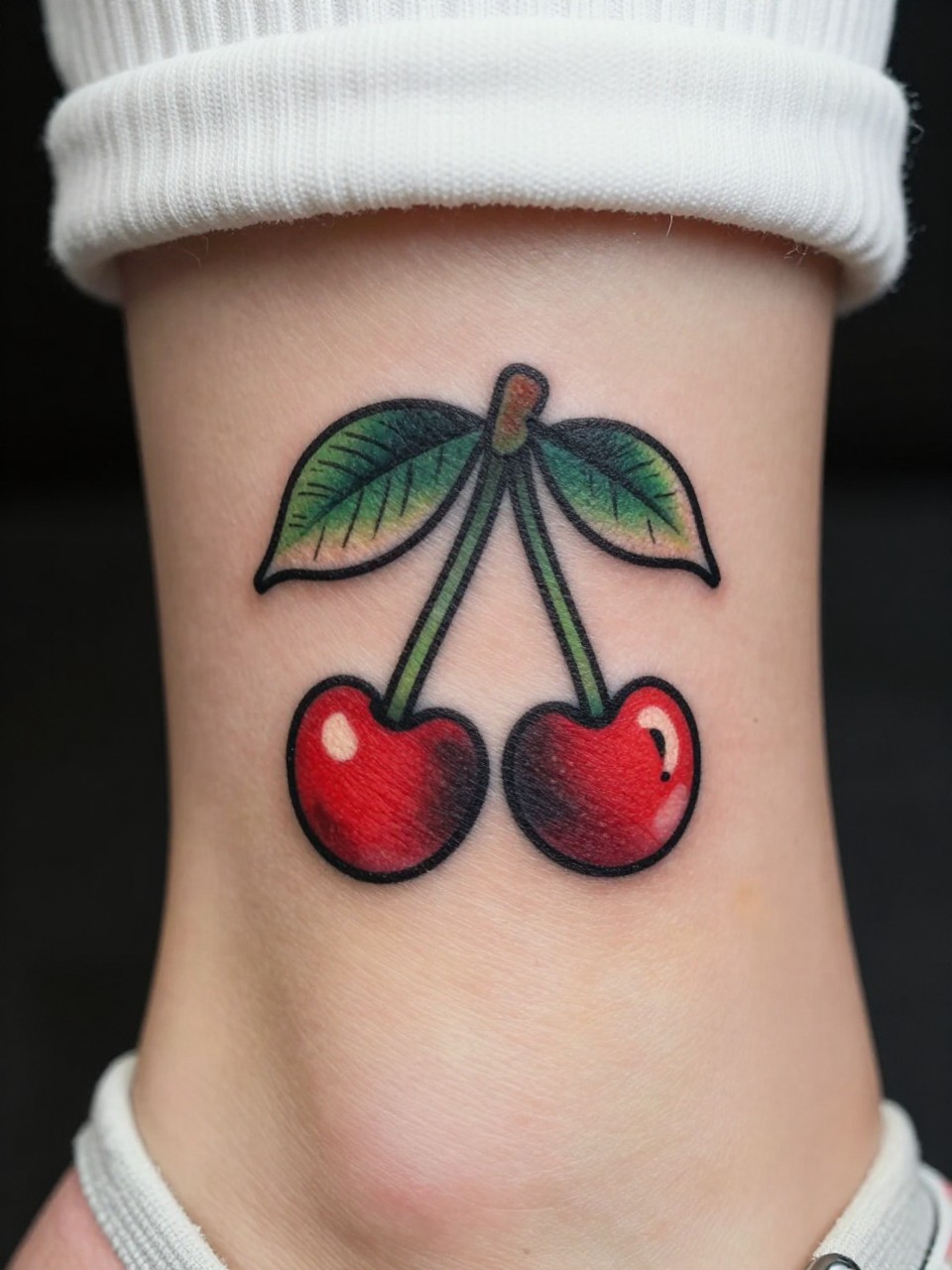 Image Prompt: "Macro shot of a small American traditional cherry pair tattoo on the ankle, bold black linework, glossy red cherries, green leaves, soft vintage shading, feminine and cheerful style, white sock slightly rolled down, clean minimal background, tattoo design as the main focus, realistic skin texture, close-up tattoo photography"
