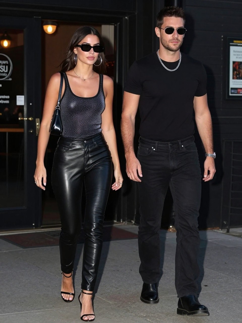 Outfit Image Prompt:
A fashionable couple wearing edgy Y2K evening outfits outside a small music venue, woman wearing a black rhinestone tank top, low-rise faux leather pants, black heeled sandals, silver hoops, and a mini shoulder bag, man wearing a black fitted T-shirt, black straight-leg jeans, silver chain necklace, black boots, and slim sunglasses, coordinated black and rhinestone couple outfit, natural nighttime street photo, soft venue lights, slight realistic grain, natural skin texture, real fabric creases, no over-sharpened image, no fake glossy skin, no overly perfect AI hands, no watermarks on images