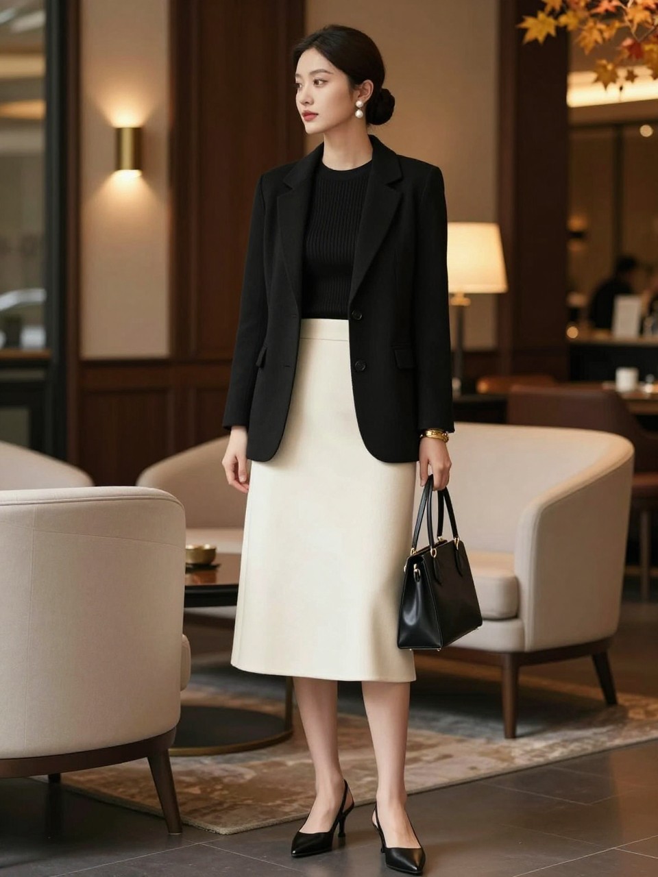 Image Prompt:
A classy fall old money outfit showing a woman wearing a black wool blazer over a black fitted knit top, a cream wool midi skirt, black leather slingback heels, a structured black handbag, pearl drop earrings, a gold bracelet, and a sleek low bun. She is standing inside an elegant hotel lounge with cream chairs, dark wood panels, soft lamps, and warm fall evening lighting. Realistic DSLR editorial fashion photo, refined black and cream outfit, polished evening autumn styling, no text, no watermark.