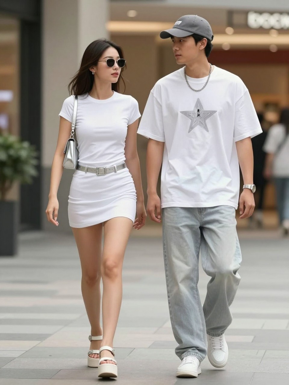 Outfit Image Prompt:
A fashionable couple wearing simple white Y2K outfits in a sunny outdoor mall setting, woman wearing a white fitted mini dress, silver belt, platform sandals, tiny silver shoulder bag, and slim sunglasses, man wearing a white graphic T-shirt, light gray baggy jeans, white sneakers, silver chain necklace, and a gray cap, coordinated white and silver Y2K couple outfit, relaxed candid walking pose, realistic phone-photo style, soft natural light, normal shadows, natural skin texture, real clothing folds, no over-sharpened finish, no airbrushed faces, no watermarks on images