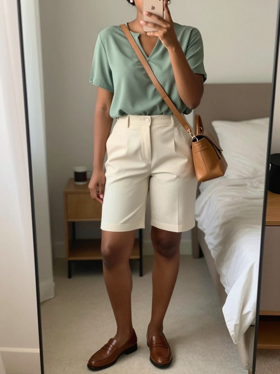 IMAGE_PROMPT: mirror selfie of a black woman wearing a sage green short-sleeve blouse, cream tailored knee-length shorts, brown leather loafers, tan crossbody work bag, and small pearl earrings, clearly showing the same clothing items listed in the Outfit Pieces section, holding a phone in front of a mirror, cropped at the NECK so the face does not show, relaxed casual selfie pose, in a cozy bedroom mirror setup, soft morning light, with coffee mug on a bedside table, latest iPhone photo quality.