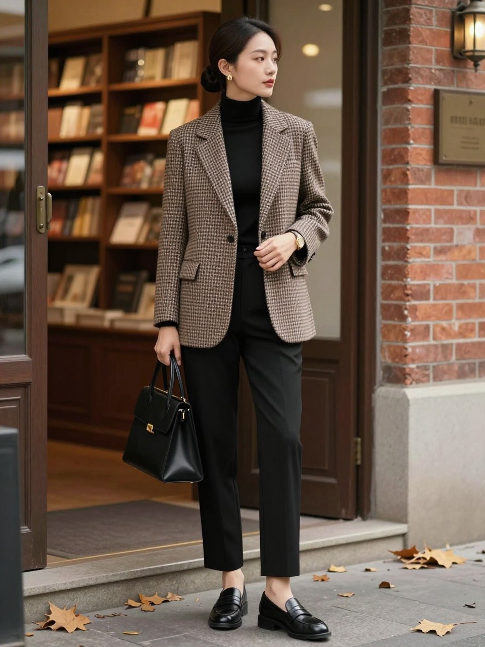 Image Prompt:
A polished fall old money outfit showing a woman wearing a brown and cream plaid wool blazer over a fitted black turtleneck, black tailored straight-leg trousers, black leather loafers, a structured black handbag, gold watch, small gold earrings, and a sleek low bun. She is standing near a classic bookstore entrance with warm indoor lighting, old brick walls, and fallen leaves outside. Realistic DSLR editorial fashion image, academic old money autumn mood, full-body outfit, no text, no watermark.