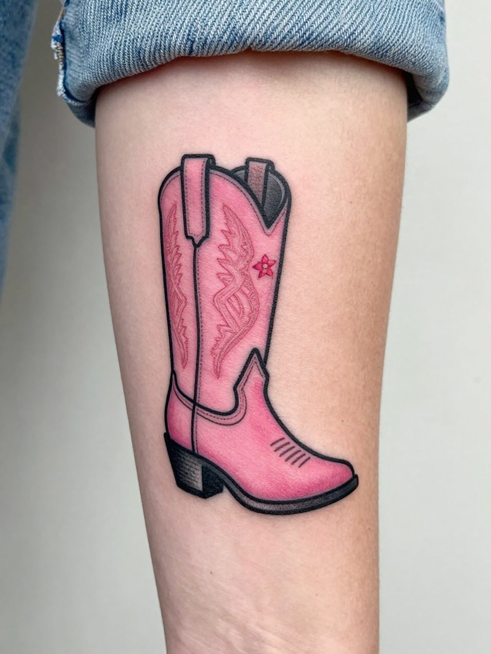 Image Prompt: "Close-up of a small American traditional pink cowgirl boot tattoo on the lower leg, bold black linework, soft pink boot fill, tiny red flower accents, classic shading, feminine western style, light denim cuff nearby, clean background, realistic skin texture, design-focused tattoo inspiration photo"