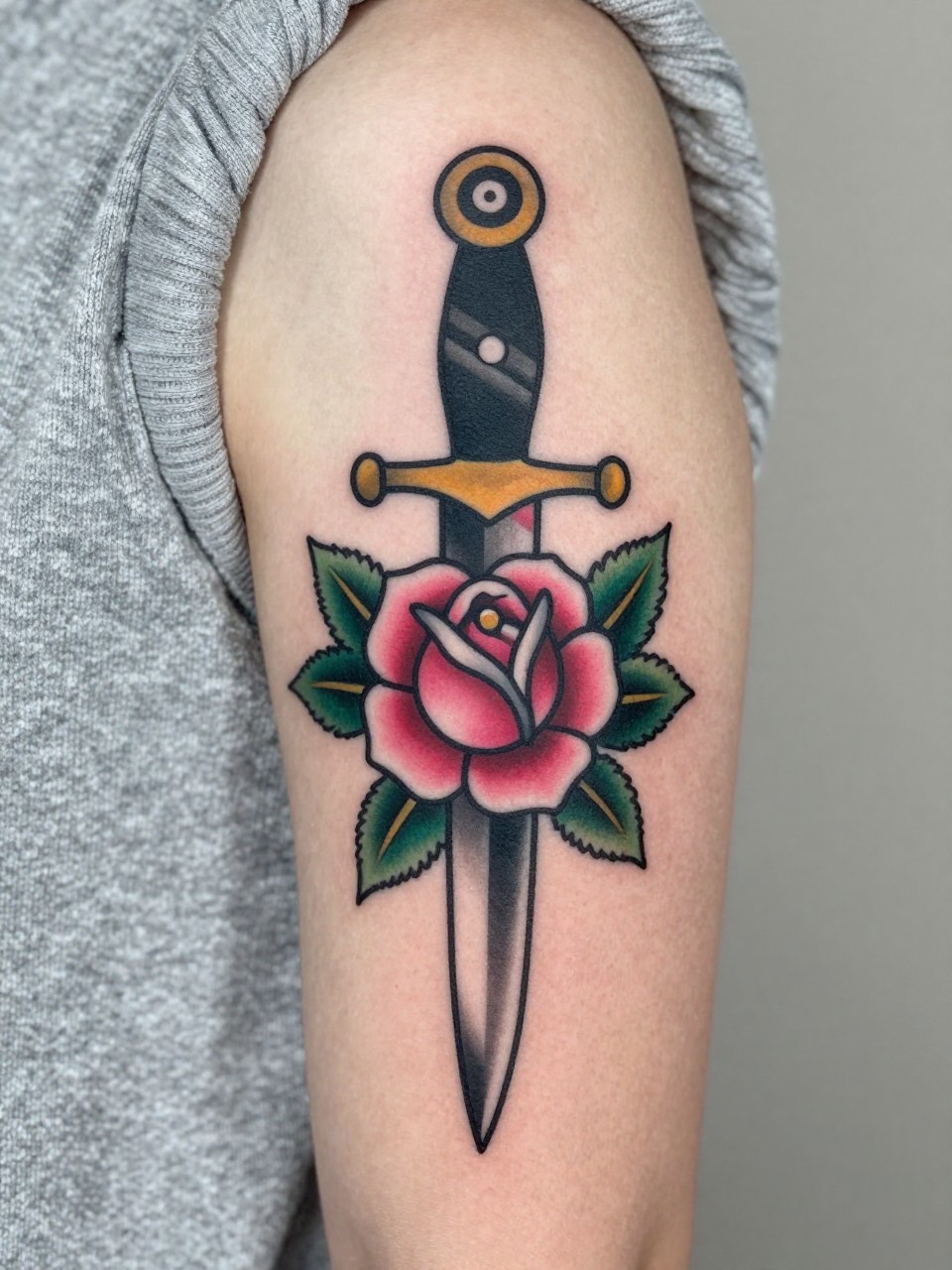 Image Prompt: "Design-focused close-up of a girly American traditional dagger and rose tattoo on the back of the arm, slim black dagger, pink rose wrapping around the blade, green leaves, bold outline, soft vintage shading, medium tattoo size, soft knit sleeve nearby, clean composition, realistic skin texture"