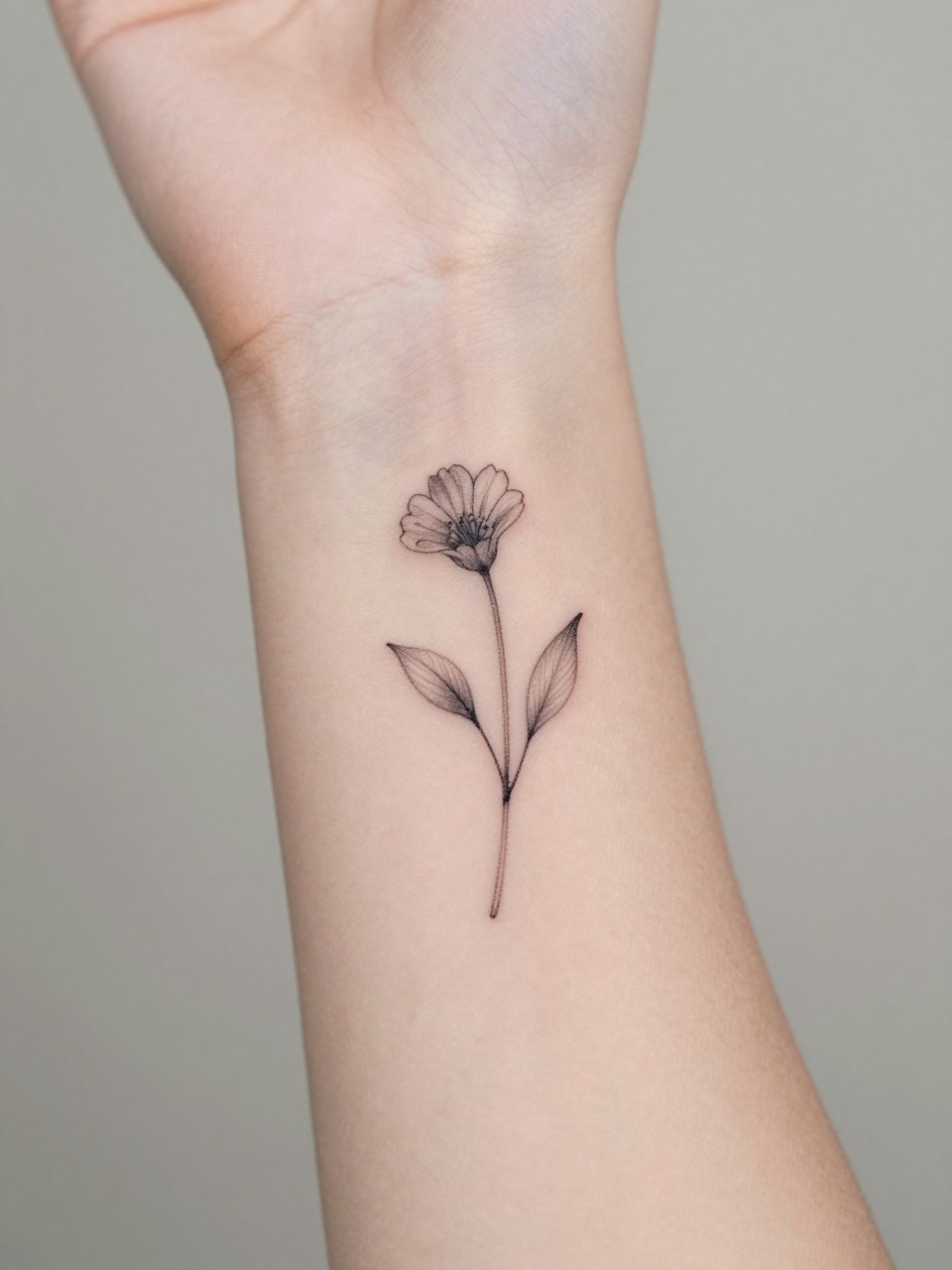 Image Prompt: "Close-up of a small flower stem flash tattoo on the inner wrist, fine black linework, tiny bloom at the top, soft leaf details, minimalist feminine tattoo style, delicate rings nearby, clean skin texture, soft neutral background, realistic design-focused tattoo photo"