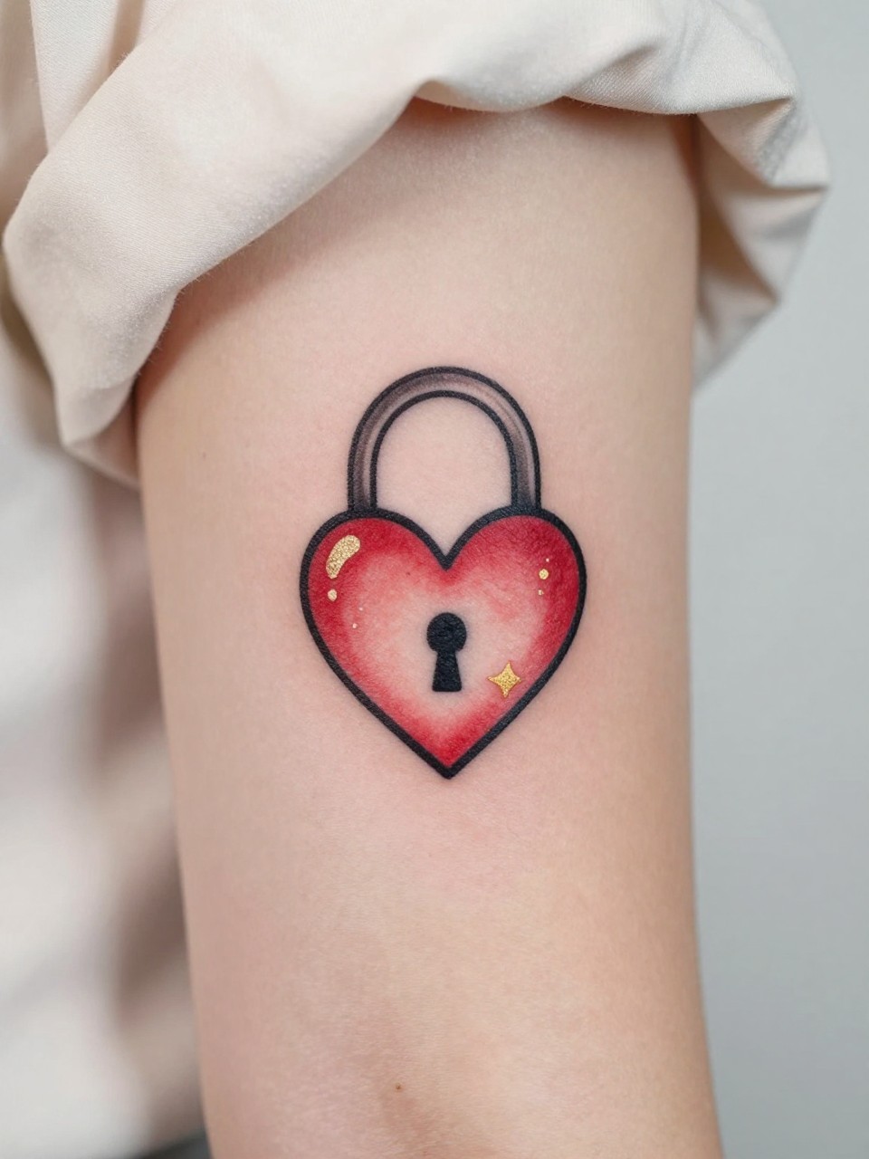 Image Prompt: "Extreme close-up of a heart lock flash tattoo on the upper arm, small heart-shaped lock design, bold black outline, soft red and gold shading, tiny shine marks, feminine romantic style, silk blouse cuff slightly visible, clean background, realistic skin texture, tattoo design as main focus"