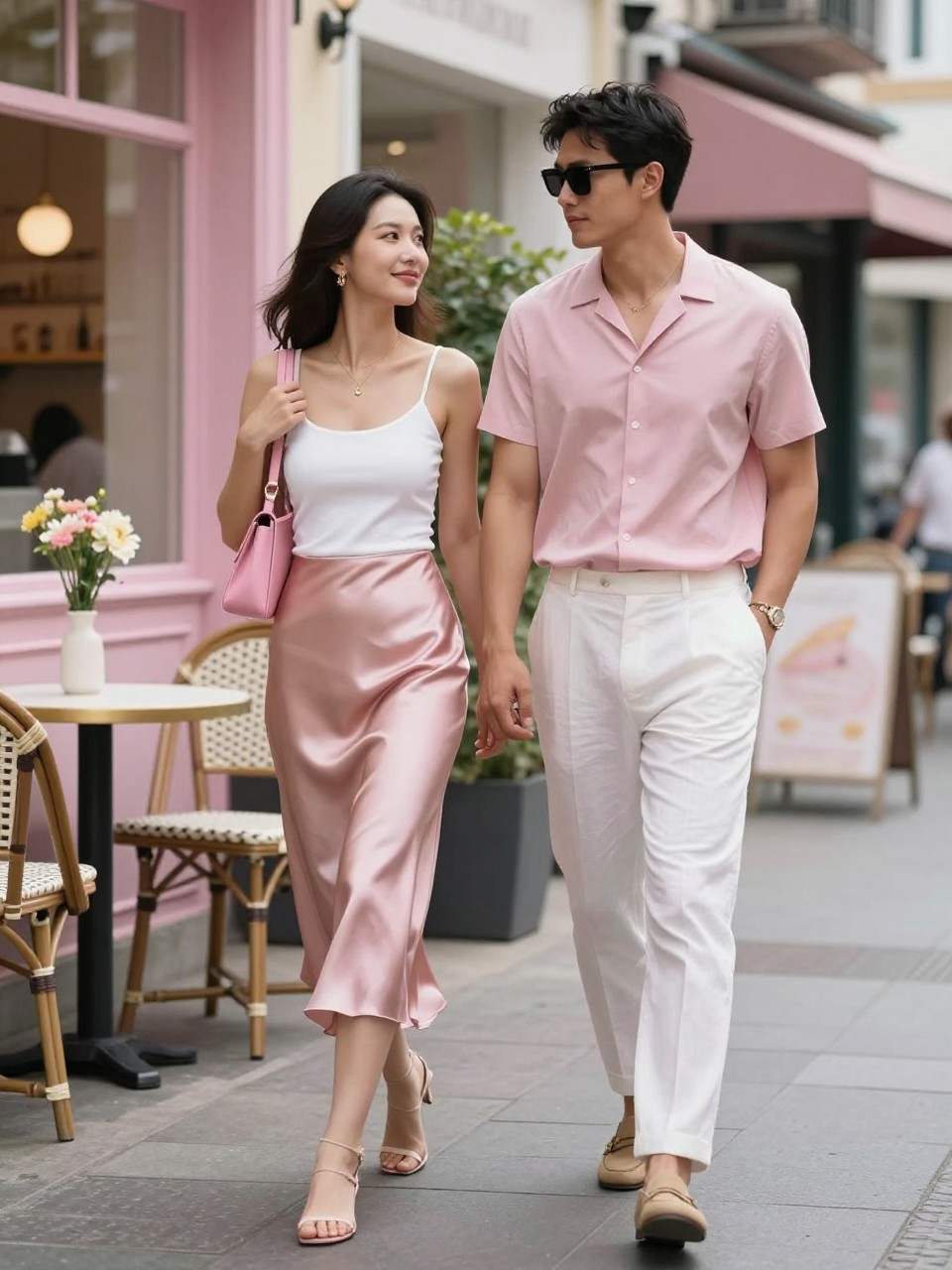Outfit Image Prompt:
A fashionable couple walking through a summer city street, woman wearing a blush pink satin slip skirt with a white fitted tank top, kitten-heel sandals, pink shoulder bag, and dainty gold jewelry, man wearing a soft pink short-sleeve button-up shirt, white linen trousers, tan loafers, and sunglasses, standing near a cute café with outdoor seating, pastel storefronts, and summer flowers, coordinated pink and white couple outfits, modern romantic street style, full-body editorial fashion image, bright summer daylight, realistic satin shine, inclusive couple styling, no watermarks on images