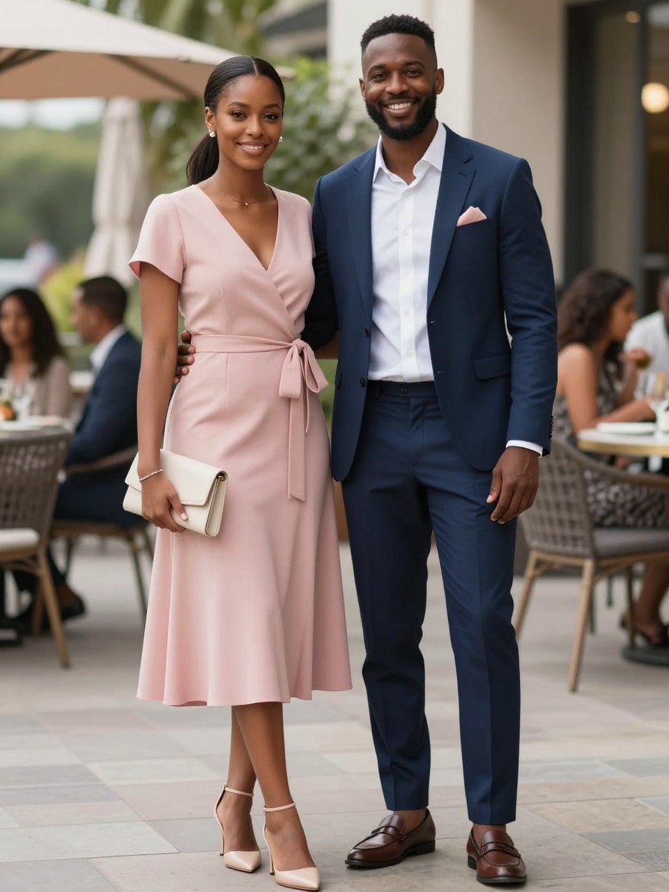 Outfit Image Prompt:
A cute couple standing on a hotel terrace before a semi formal brunch event, soft daylight, realistic editorial phone photo, natural skin texture, gentle shadows, soft background blur, relaxed standing pose. The woman, a Black model, wears a blush pink wrap midi dress with a soft waist tie, nude strappy heels, pearl studs, a dainty bracelet, and a small ivory clutch. Her hair is styled in a sleek low ponytail with natural soft glam makeup. The man wears navy tailored trousers, a crisp white shirt, a navy blazer, brown loafers, and a blush pocket square that connects with her dress. His blazer has natural sleeve folds and a real relaxed fit. The couple smiles naturally and stands close, with slight imperfect styling and real clothing movement. No over-sharpening, no plastic-looking skin, no waxy faces, no hyper-glossy finish, no AI-perfect symmetry, no fake-perfect hands, no airbrushed faces, no watermarks on images.