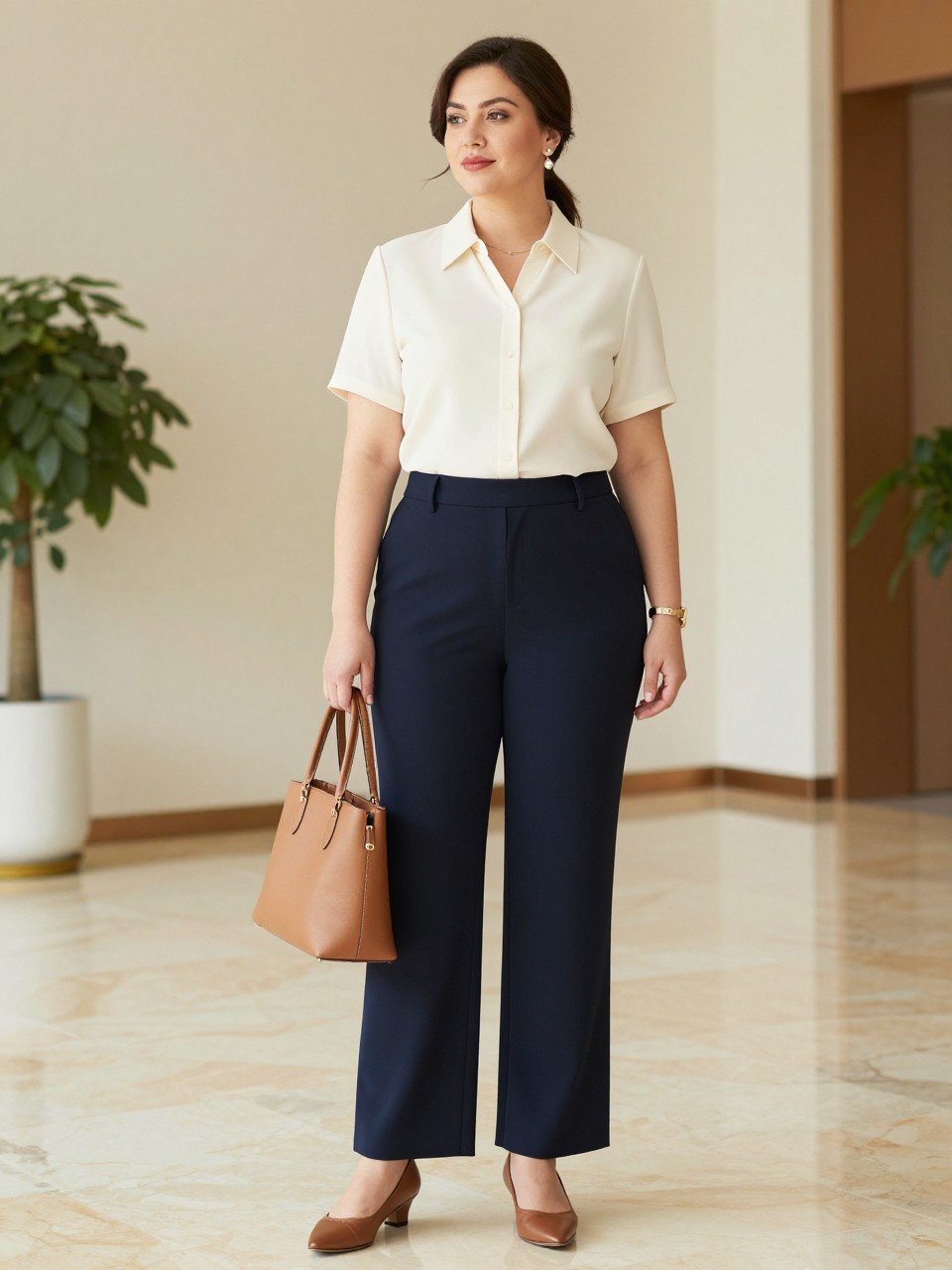Image Prompt:
A refined old money plus size work outfit featuring a plus size woman wearing an ivory short-sleeve blouse with a soft collar tucked into navy wide-leg tailored pants, brown slingback flats, a structured tan tote bag, pearl earrings, a slim gold watch, and a neat low ponytail. She is standing in a bright office lobby with cream walls, marble floors, indoor greenery, and soft natural light. Realistic editorial workwear photo, full-body professional outfit, no text, no watermark.