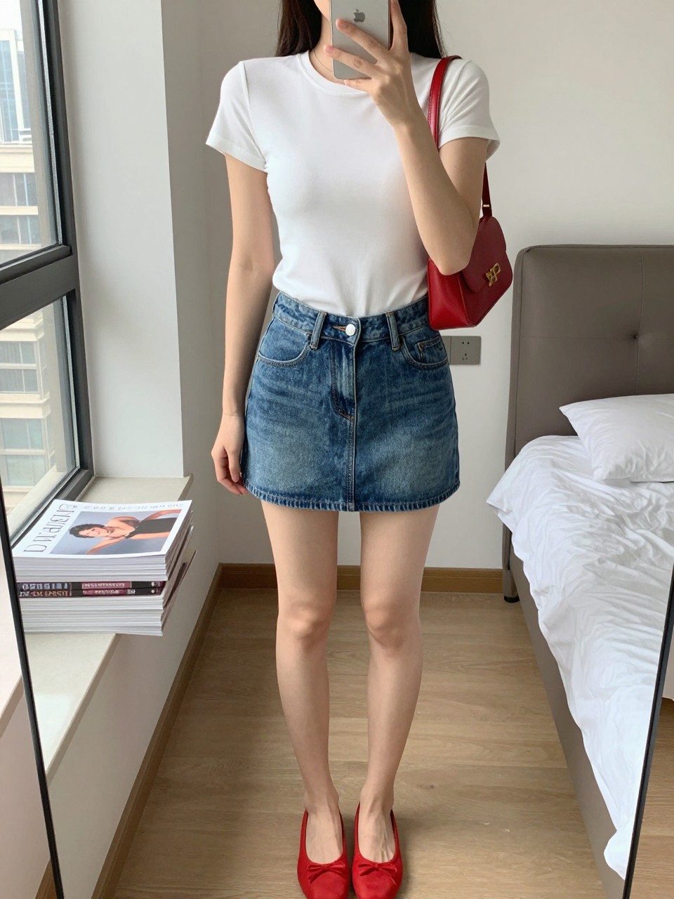 IMAGE_PROMPT: mirror selfie of a woman wearing a fitted white baby tee, low-rise medium wash denim mini skirt, red ballet flats, small red shoulder bag, and soft wavy hair, clearly showing the same clothing items listed in the Outfit Pieces section, holding a phone in front of a mirror, cropped at the NECK so the face does not show, relaxed casual selfie pose, in a stylish city apartment bedroom, natural window light, with stack of fashion magazines on a side table, latest iPhone photo quality.