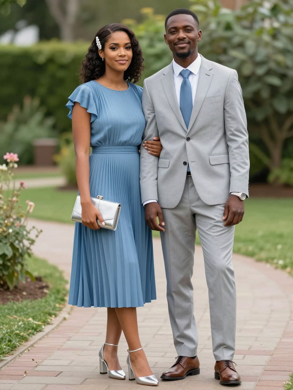 Outfit Image Prompt:
A sweet couple posing near a garden walkway before a semi formal outdoor wedding, realistic soft daylight photo, natural skin texture, gentle shadows, soft green background blur, relaxed candid pose. The woman, a Black model, wears a dusty blue pleated midi dress with flutter sleeves, silver block heels, a pearl hair clip, a small silver clutch, and soft natural makeup. The man wears a light gray suit with a white shirt, dusty blue tie, brown dress shoes, and a silver watch. His suit has natural creases at the elbows and trousers. The couple looks coordinated through blue and gray tones, standing close with a natural smile, no overly perfect pose, no over-sharpening, no plastic skin, no waxy faces, no fake-perfect hands, no hyper-glossy finish, no watermarks on images.