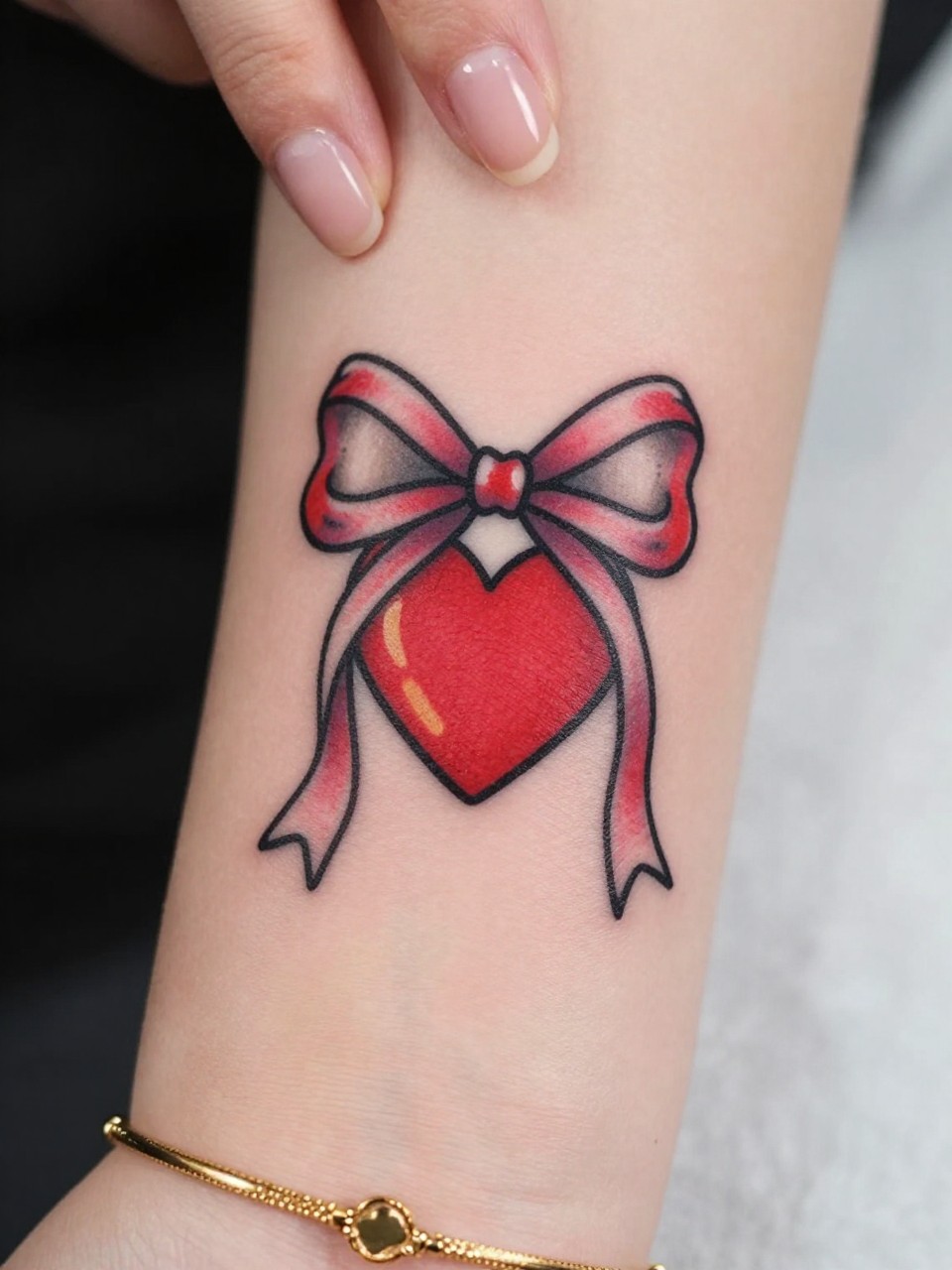 Image Prompt: "Extreme close-up of a cute girly American traditional bow heart tattoo on the inner wrist, bold black outline, red heart fill, tiny pink bow detail, soft yellow highlight, clean skin texture, delicate gold bracelet nearby, neutral manicure, design-focused close-up, soft feminine lighting, realistic modern tattoo inspiration photo"