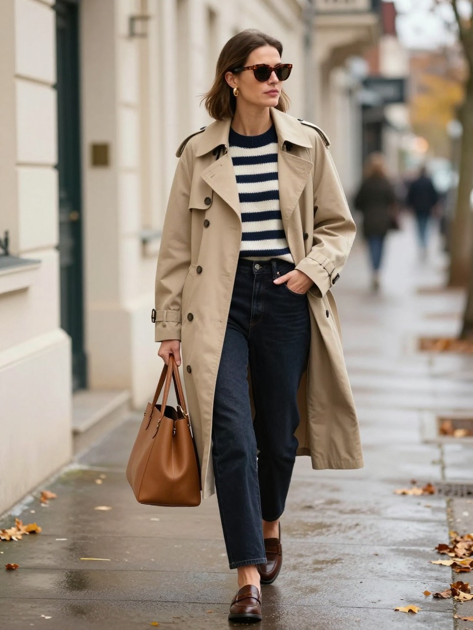 Image Prompt:
A timeless fall old money outfit showing a woman wearing a beige trench coat over a navy and cream striped knit sweater, dark straight-leg jeans, brown leather loafers, a structured tan tote, gold hoop earrings, and tortoiseshell sunglasses. She is walking on a cloudy autumn sidewalk with wet pavement, fallen leaves, cream buildings, and soft overcast light. Realistic DSLR editorial street style photo, polished casual fall outfit, no text, no watermark.