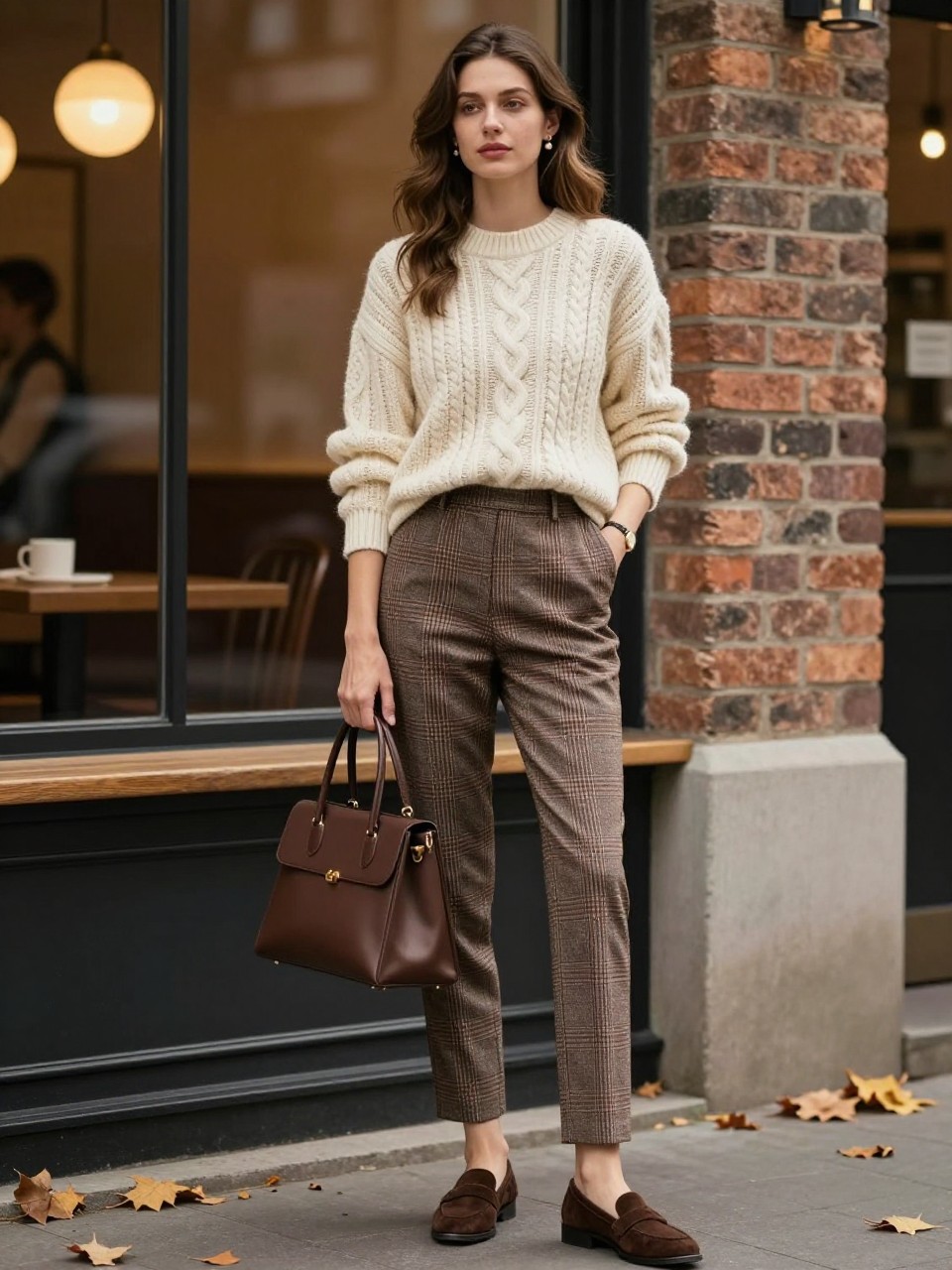 Image Prompt:
A cozy old money fall outfit featuring a woman wearing a cream cable-knit sweater tucked lightly into brown and gray plaid tailored trousers, brown suede loafers, a structured chocolate brown handbag, small pearl earrings, a slim gold watch, and natural loose waves. She is standing outside a cozy café with warm window light, fallen leaves, and classic brick walls. Realistic editorial fashion photo, academic fall styling, rich knit and wool textures, no text, no watermark.