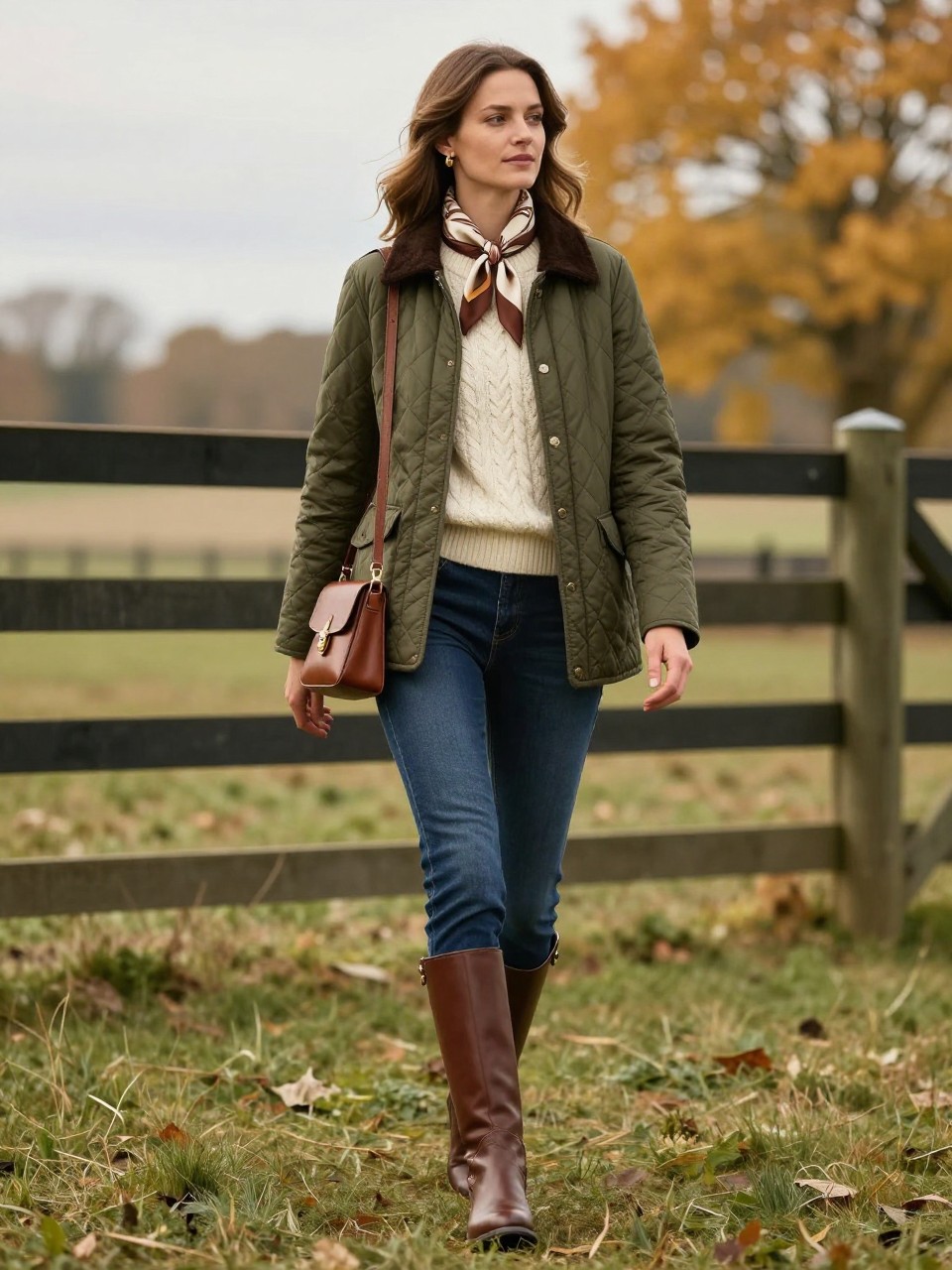Image Prompt:
A countryside old money fall outfit showing a woman wearing an olive green quilted jacket over a cream cable-knit sweater, slim dark blue jeans, brown leather riding boots, a brown leather crossbody bag, a silk scarf tied at the neck in brown and cream tones, small gold earrings, and soft natural waves. She is walking near a countryside fence with golden trees, cloudy daylight, and a refined equestrian-inspired mood. Realistic DSLR editorial lifestyle fashion photo, full-body outfit, no text, no watermark.