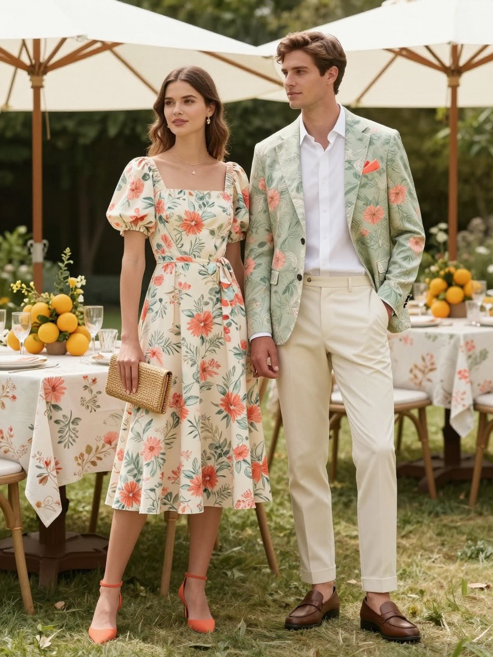 Outfit Image Prompt:
A cute couple attending a sunny garden wedding, woman wearing a floral midi dress with cream, coral, and soft green print, square neckline, dainty necklace, coral heels, and a woven clutch, man wearing a cream trouser, white shirt, soft green blazer pulled from the dress print, brown loafers, and a coral pocket square, standing beside garden tables with citrus centerpieces and white umbrellas, matching couple wedding guest outfits inspired by floral print colors, bright natural light, full-body fashion editorial, fresh and stylish, realistic fabric and floral details, no watermarks on images