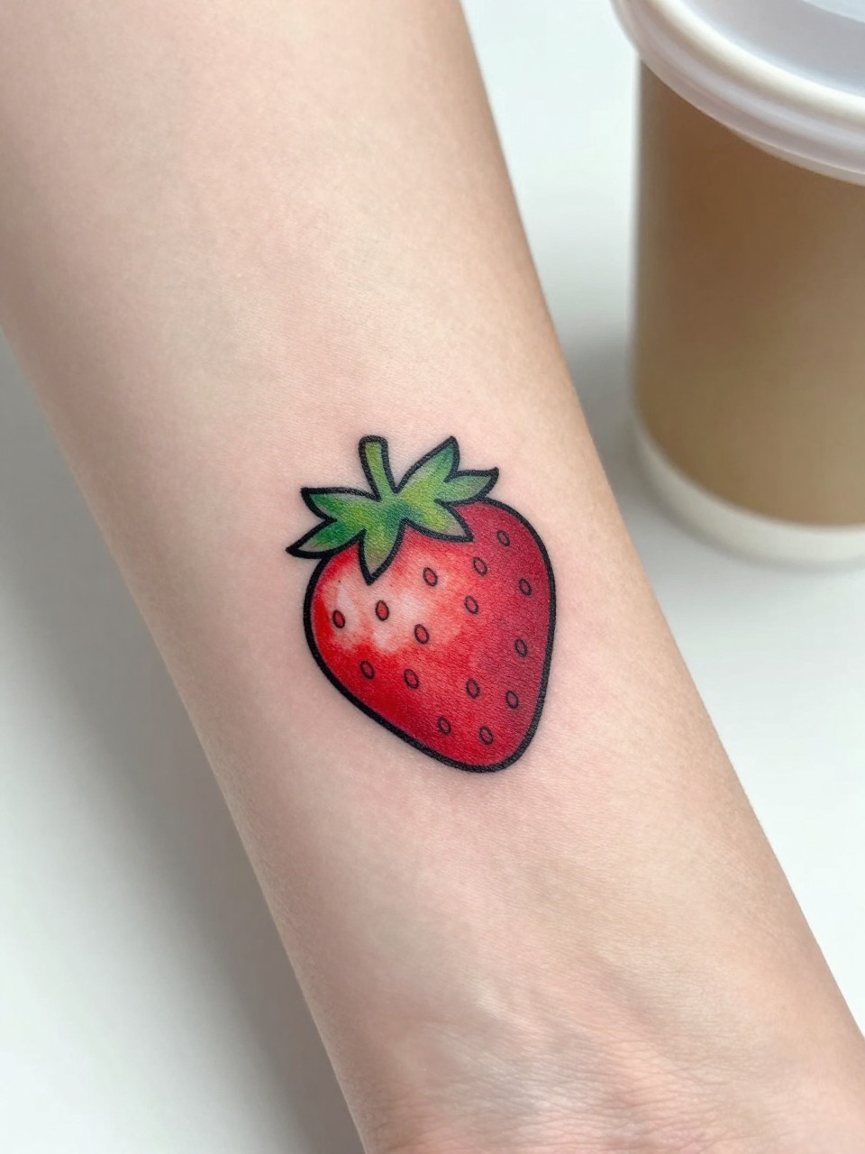 Image Prompt: "Macro shot of a small strawberry flash tattoo on the inner forearm, bold black outline, red strawberry fill, tiny seed details, green leafy top, soft shading, feminine cheerful tattoo style, coffee cup softly blurred nearby, clean background, realistic skin texture"