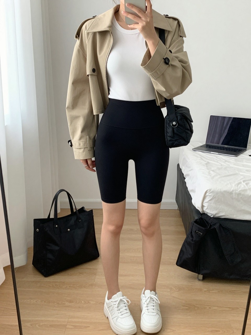 IMAGE_PROMPT: mirror selfie of a woman wearing a beige cropped trench jacket, white fitted crewneck tee, black high-waisted stretch bike shorts, white chunky sneakers, and black nylon belt bag, holding a phone in front of a mirror, cropped at the NECK so the face does not show, relaxed casual selfie pose, in a minimal dressing room, natural window light, with laptop on the bed and tote bag on the floor. Latest iPhone photo quality.