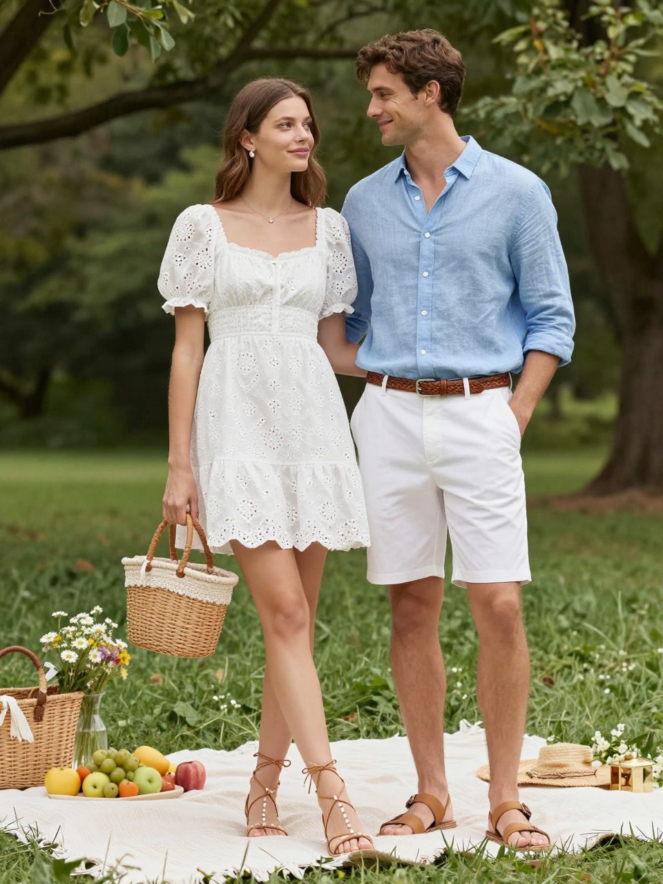 Outfit Image Prompt:
A romantic couple dressed for a sunny picnic date in a park, woman wearing a white eyelet mini dress with puff sleeves, tan lace-up sandals, pearl studs, and a woven picnic basket bag, man wearing a sky blue linen shirt, white shorts, tan sandals, and a brown woven belt, standing near a picnic blanket, fresh fruit, wildflowers, and green trees, coordinated white and blue summer couple outfits, soft picnic fashion editorial, full-body image, bright natural light, sweet but polished summer styling, inclusive diverse couple, no watermarks on images