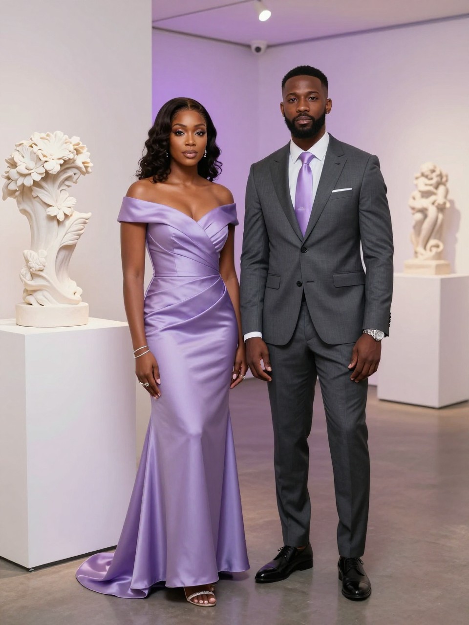 Outfit Image Prompt:
A Black couple dressed for a stylish wedding guest moment at a modern art gallery wedding, woman wearing a lavender off-shoulder satin gown with a fitted waist, silver bracelet, soft glam makeup, and silver strappy heels, man wearing a charcoal tailored suit with a white shirt, lavender silk tie, black dress shoes, and a silver watch, standing near white gallery walls, sculptural floral arrangements, and soft purple uplighting, creative but classy couple wedding guest outfits, full-body editorial fashion photo, refined evening setting, realistic fabric sheen, no watermarks on images
