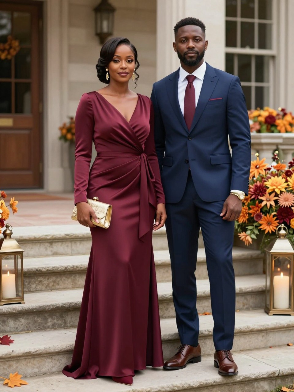 Outfit Image Prompt:
A Black couple attending a formal fall wedding at a grand estate, woman wearing a burgundy satin wrap gown with long sleeves, gold drop earrings, soft updo, burgundy heels, and a small gold clutch, man wearing a navy tailored suit with a white shirt, burgundy tie, brown leather dress shoes, and a gold watch, standing beside stone steps, autumn florals, and tall candle lanterns, matching burgundy and navy couple wedding guest outfits, formal estate wedding style, full-body editorial photo, rich seasonal colors, realistic satin texture, no watermarks on images