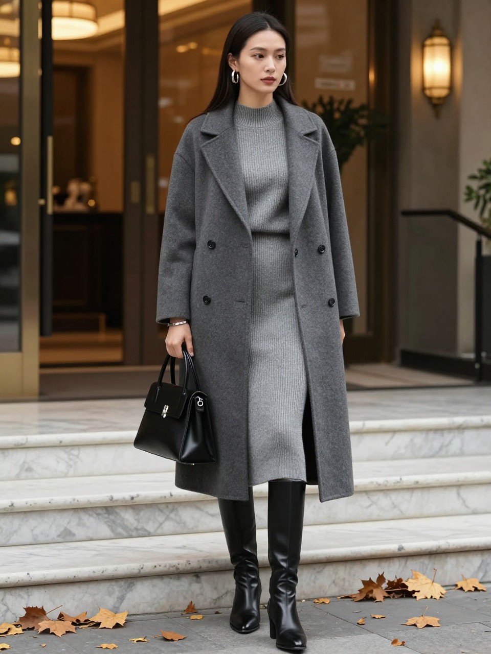 Image Prompt:
A classy fall old money outfit featuring a woman wearing a long charcoal wool coat over a soft gray ribbed knit midi dress, black leather knee-high boots, a structured black handbag, silver hoop earrings, a slim silver watch, and sleek straight hair. She is standing outside a luxury hotel entrance with marble steps, warm lights, and fallen autumn leaves. Realistic editorial fashion photo, elegant gray monochrome styling, refined cool-weather outfit, no text, no watermark.