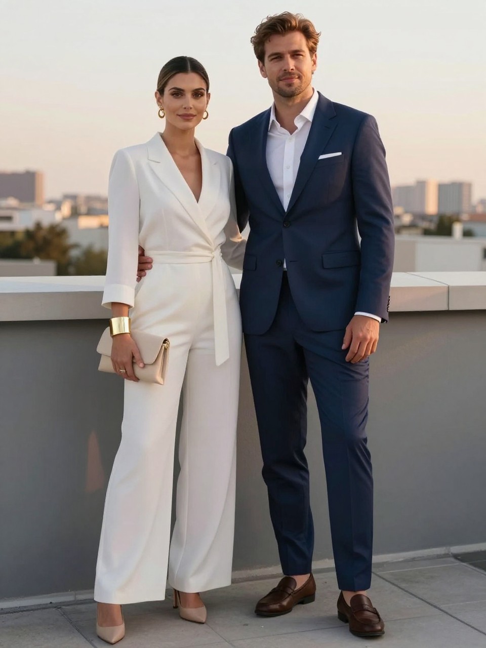 Outfit Image Prompt:
A modern couple standing near a rooftop railing during soft sunset light, realistic phone-camera fashion photo, natural skin texture, soft golden shadows, city skyline in soft focus, relaxed natural standing pose. The woman wears a white tailored wide-leg jumpsuit with a cinched waist, nude heels, a gold cuff bracelet, small gold hoops, and a cream clutch. Her hair is styled in a low sleek bun with soft makeup. The man wears a navy suit with a white shirt, no tie, brown loafers, and a white pocket square that connects with her jumpsuit. His suit has natural creases and a real relaxed fit. The photo should feel candid and real, no over-sharpening, no plastic skin, no waxy faces, no fake-perfect hands, no overly polished pose, no watermarks on images.