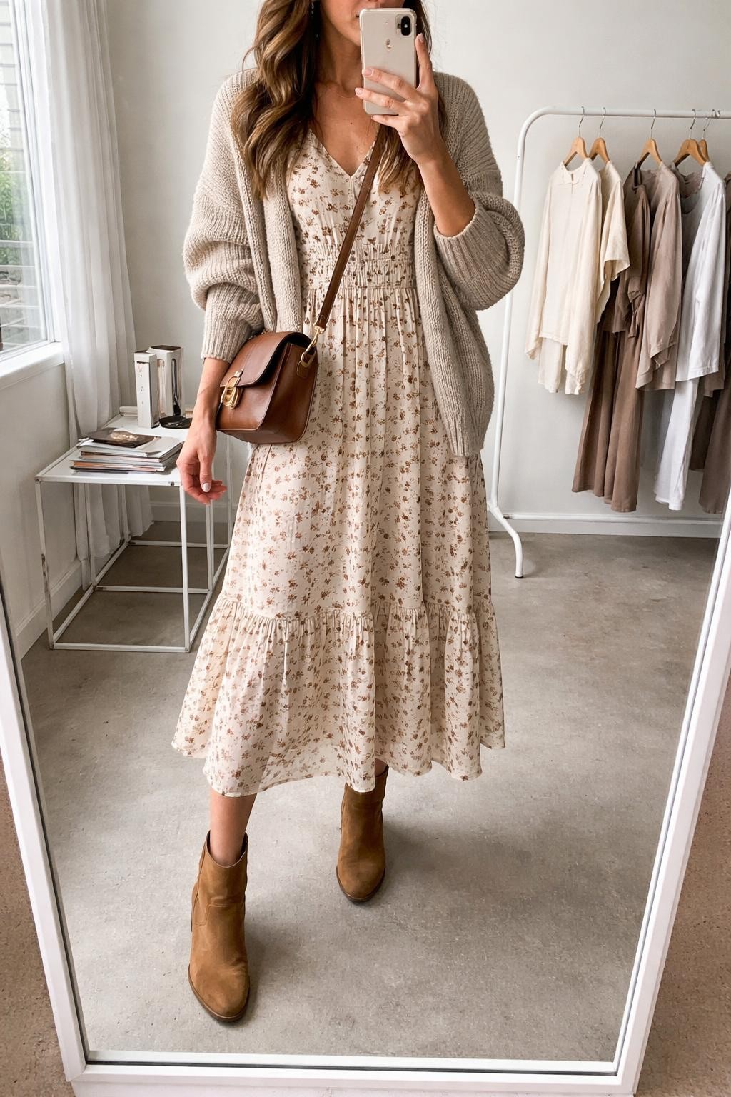 IMAGE_PROMPT: mirror selfie of a woman wearing a cream floral print midi dress with small brown flowers, tan suede ankle boots, brown leather crossbody bag, light beige knit cardigan, and half-up loose waves, holding a phone in front of a mirror, cropped at the NECK so the face does not show, relaxed casual selfie pose, in a fashion studio mirror corner, natural window light, with clothing rack behind and fashion magazines on a side table. Latest iPhone photo quality.